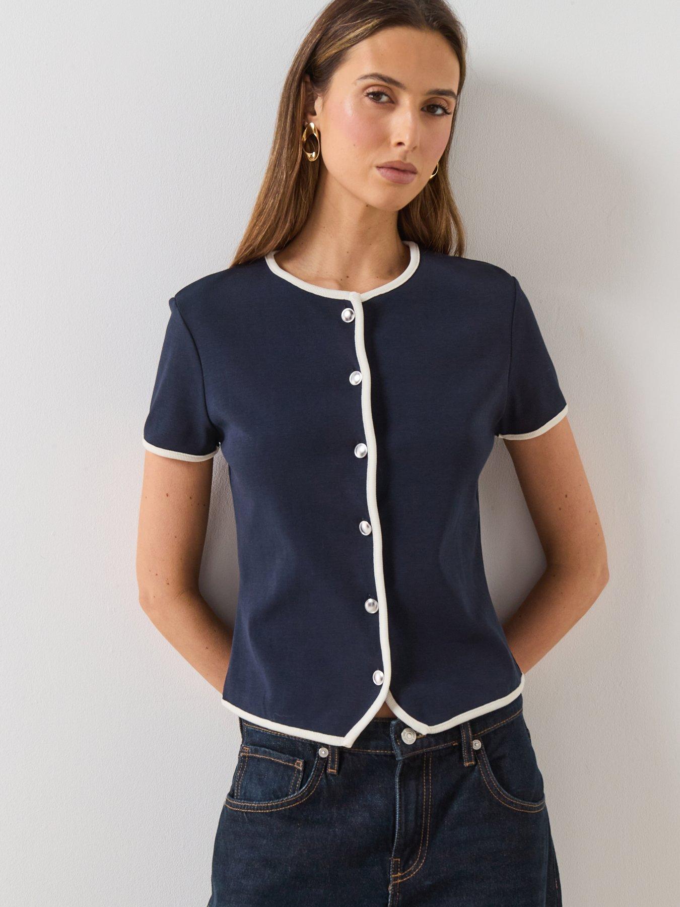 Mango Buttoned Cotton T-shirt - Blue