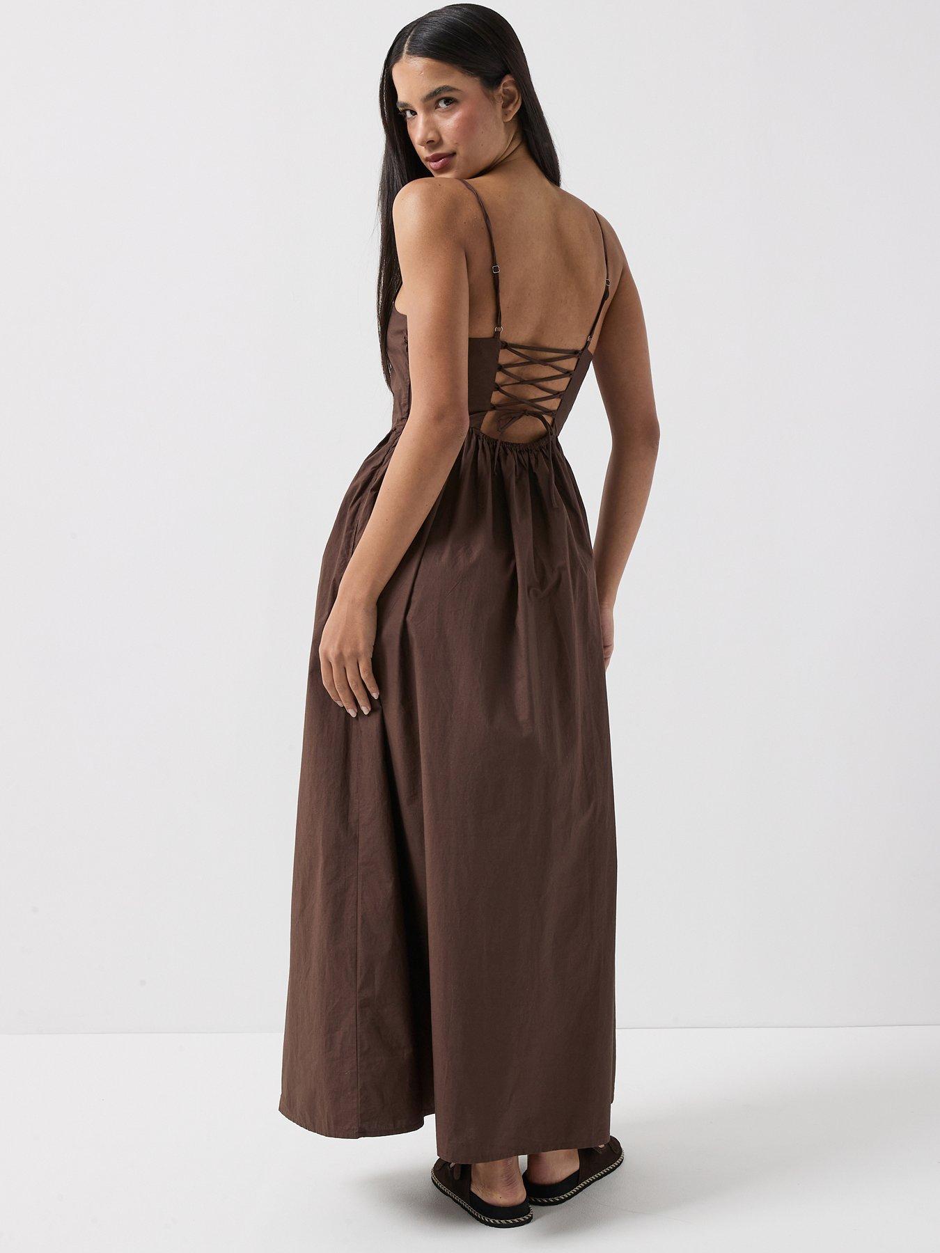 Image 1 of 6 of Only Likara Strappy Tie Back Maxi Dress - Brown