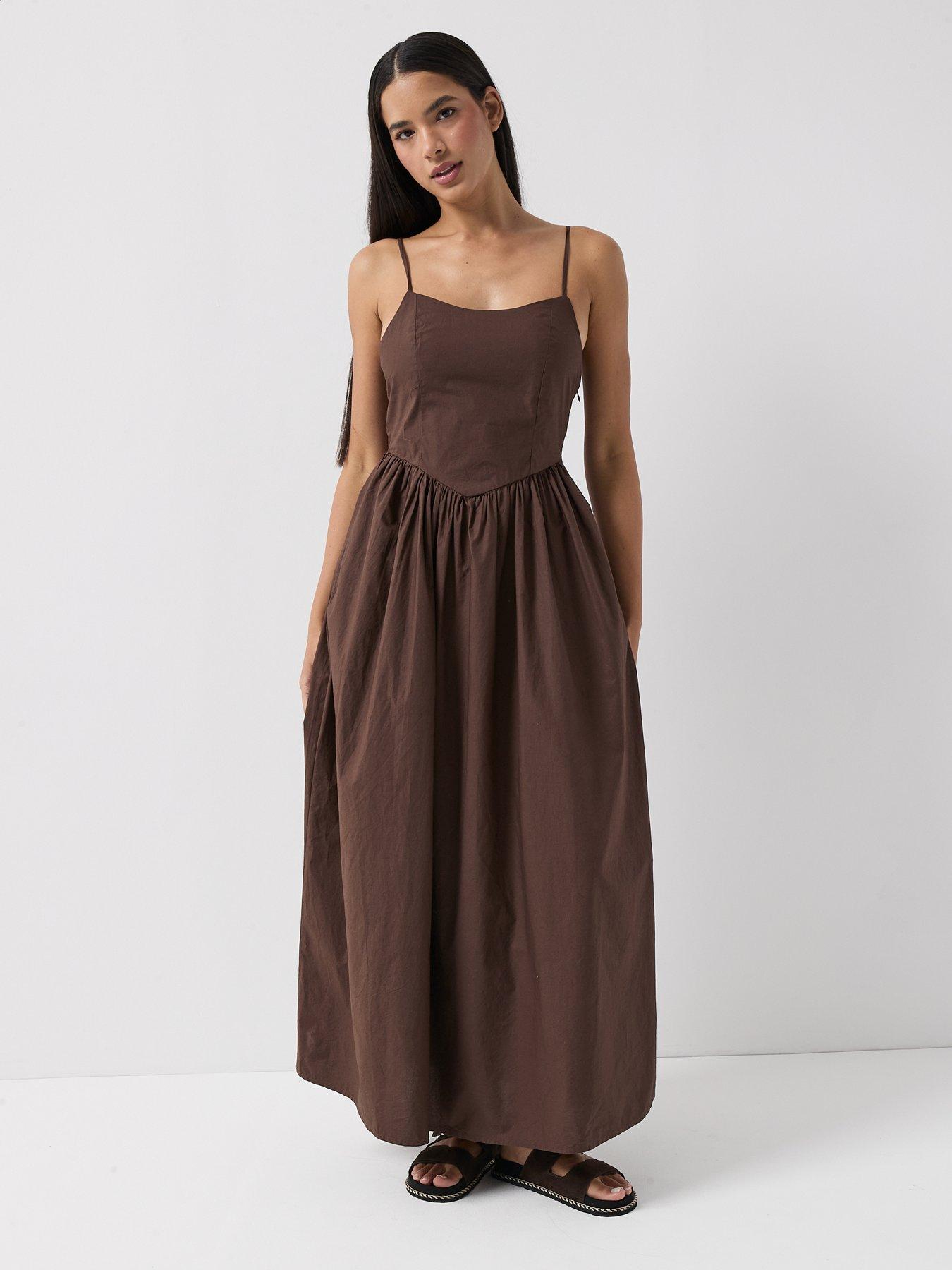 Image 2 of 6 of Only Likara Strappy Tie Back Maxi Dress - Brown