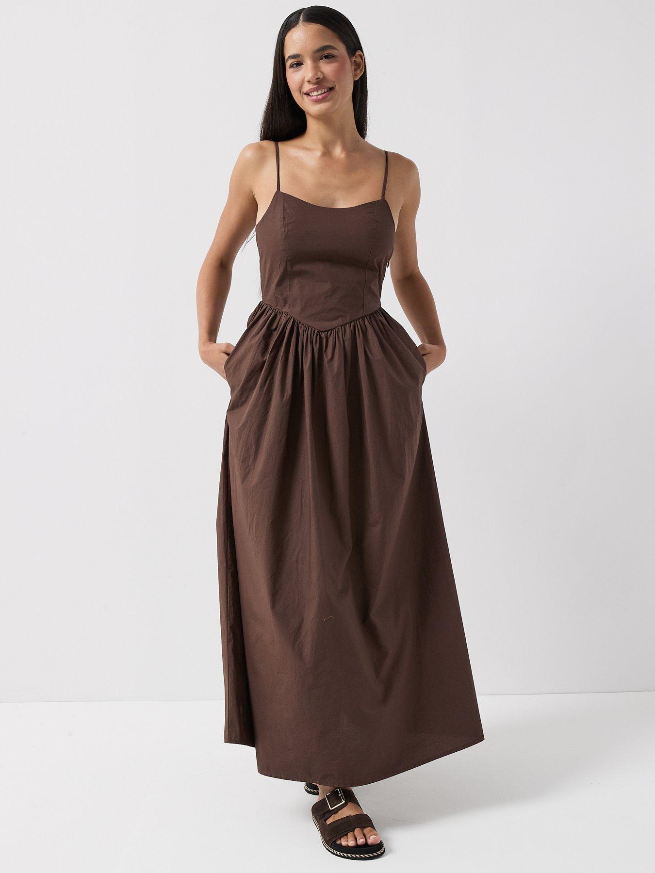Image 3 of 6 of Only Likara Strappy Tie Back Maxi Dress - Brown