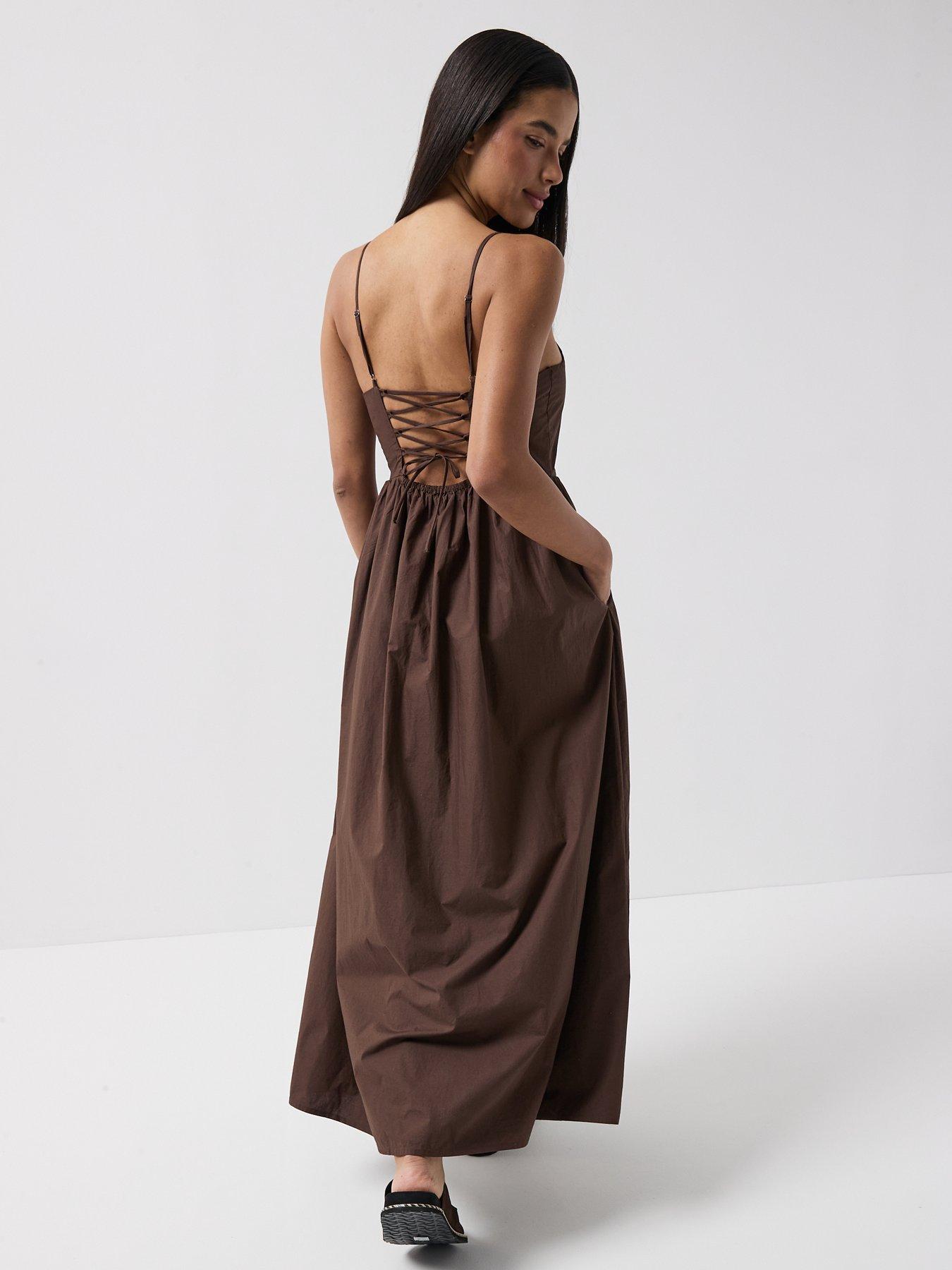 Image 5 of 6 of Only Likara Strappy Tie Back Maxi Dress - Brown