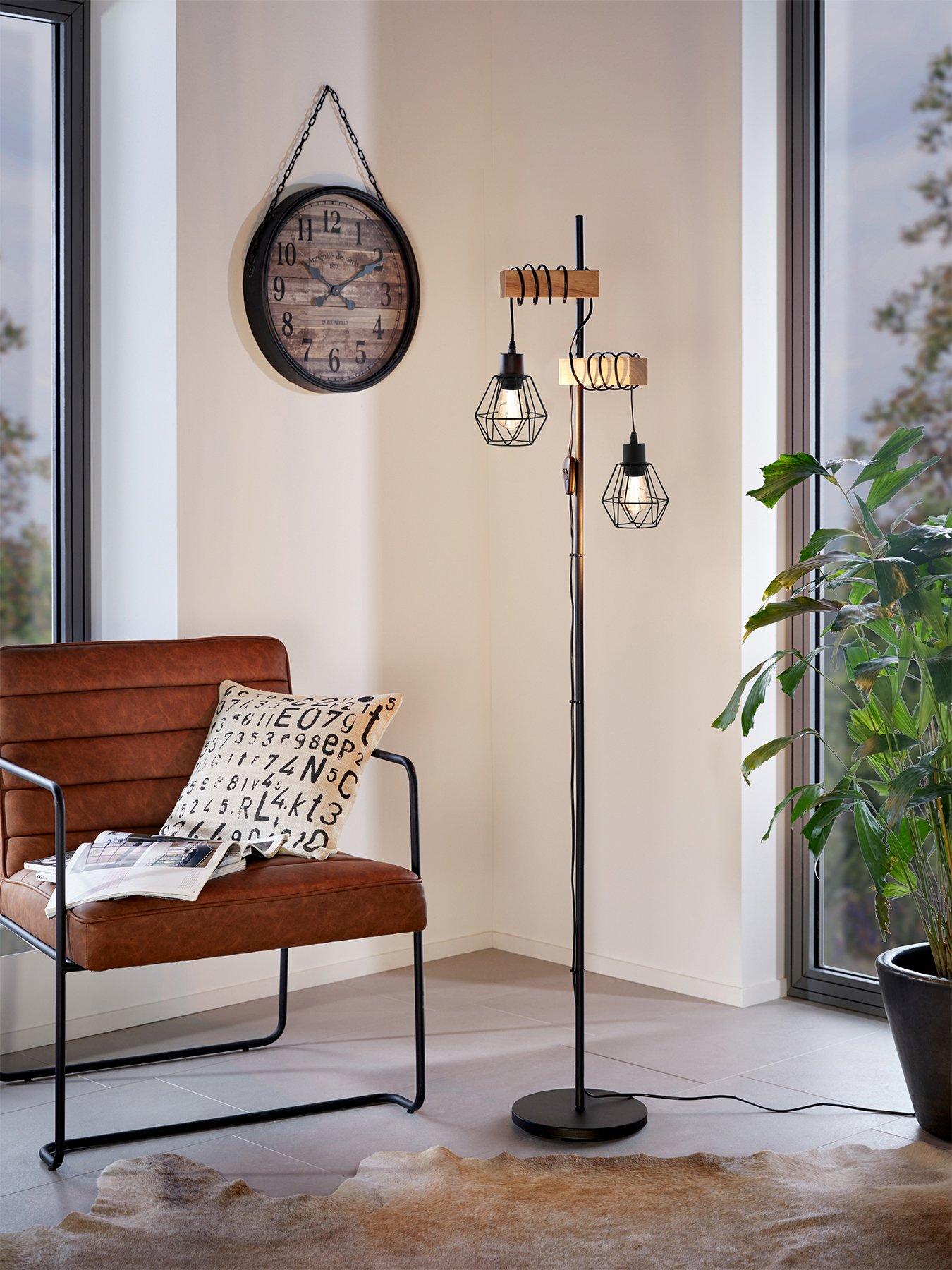 Eglo Townshend 5 Black/natural Metal & Wood 2-light Floor Lamp - Industrial Style (d) 25cm
