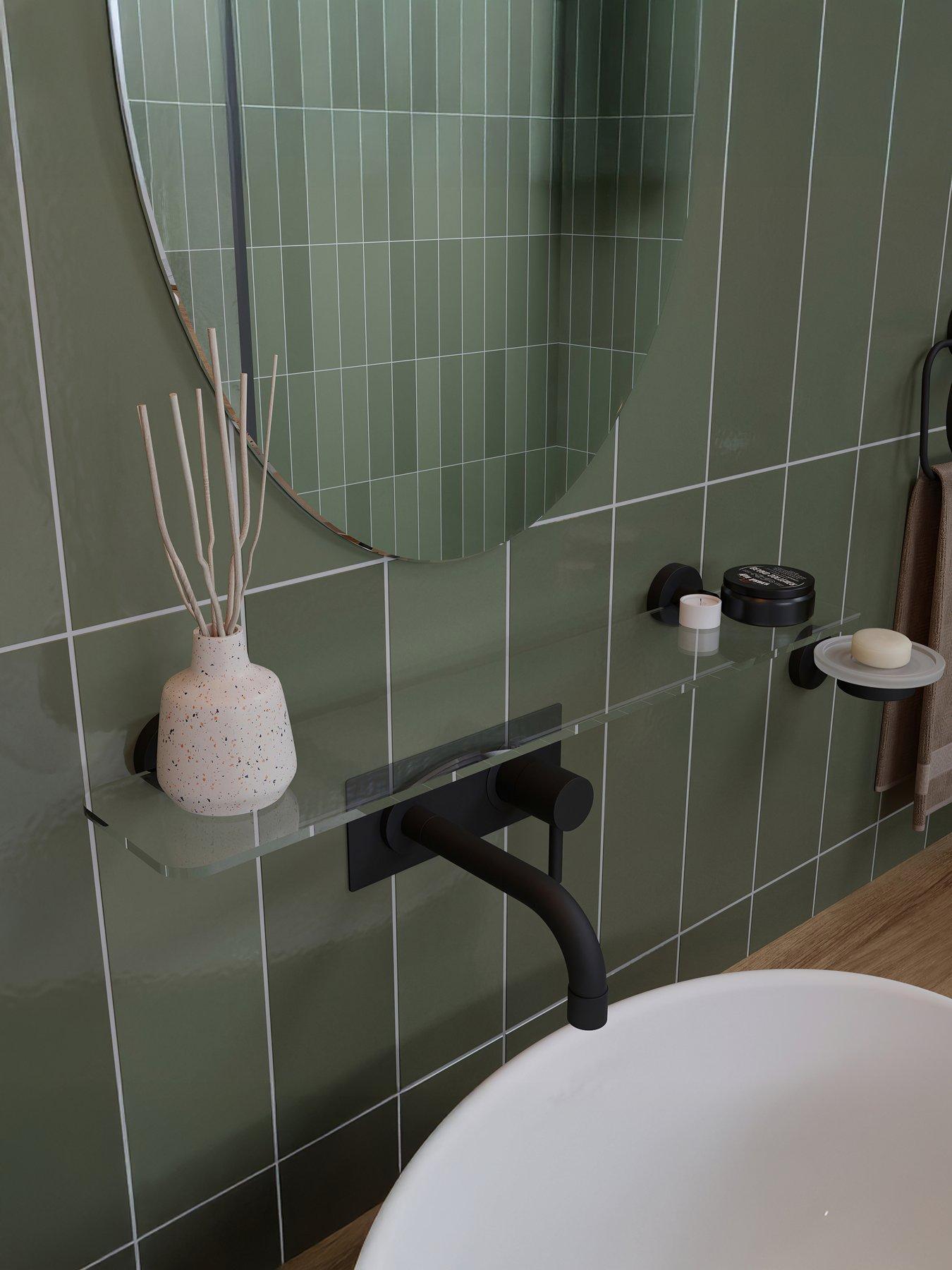 front image of croydex-metra-glass-shelf-with-matt-black-flexi-fix-brackets