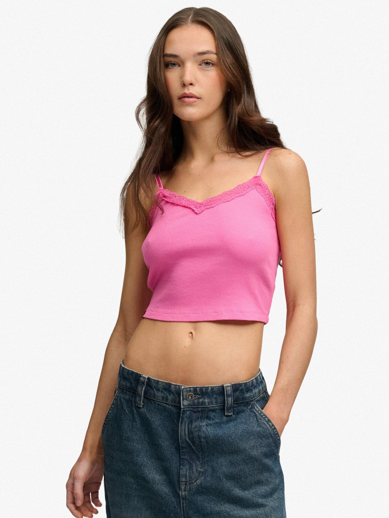 Superdry Essential Lace Trim Crop Cami Top - Fuchsia Pink
