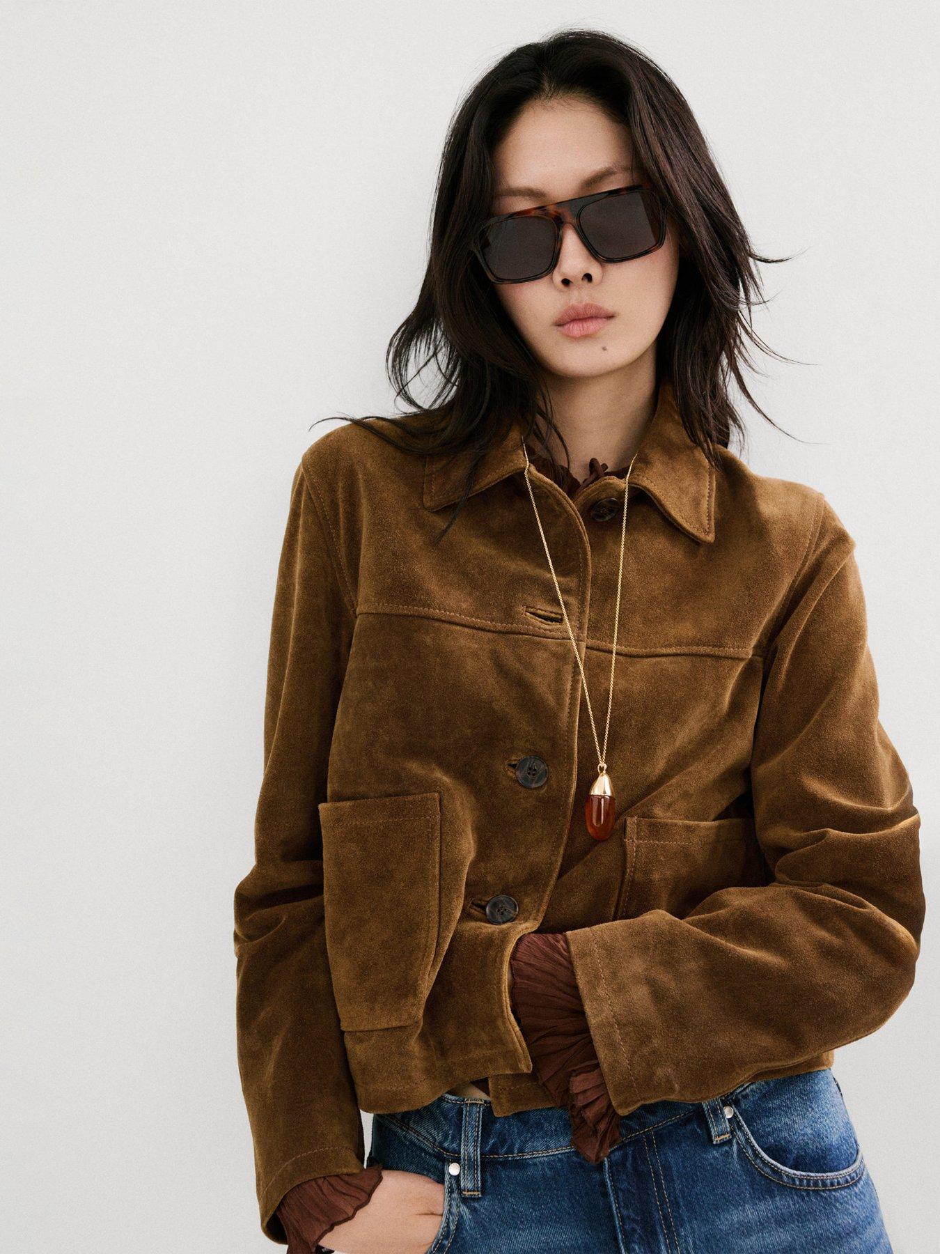 Image 1 of 7 of Mango Suede Leather Jacket With Buttons - Brown