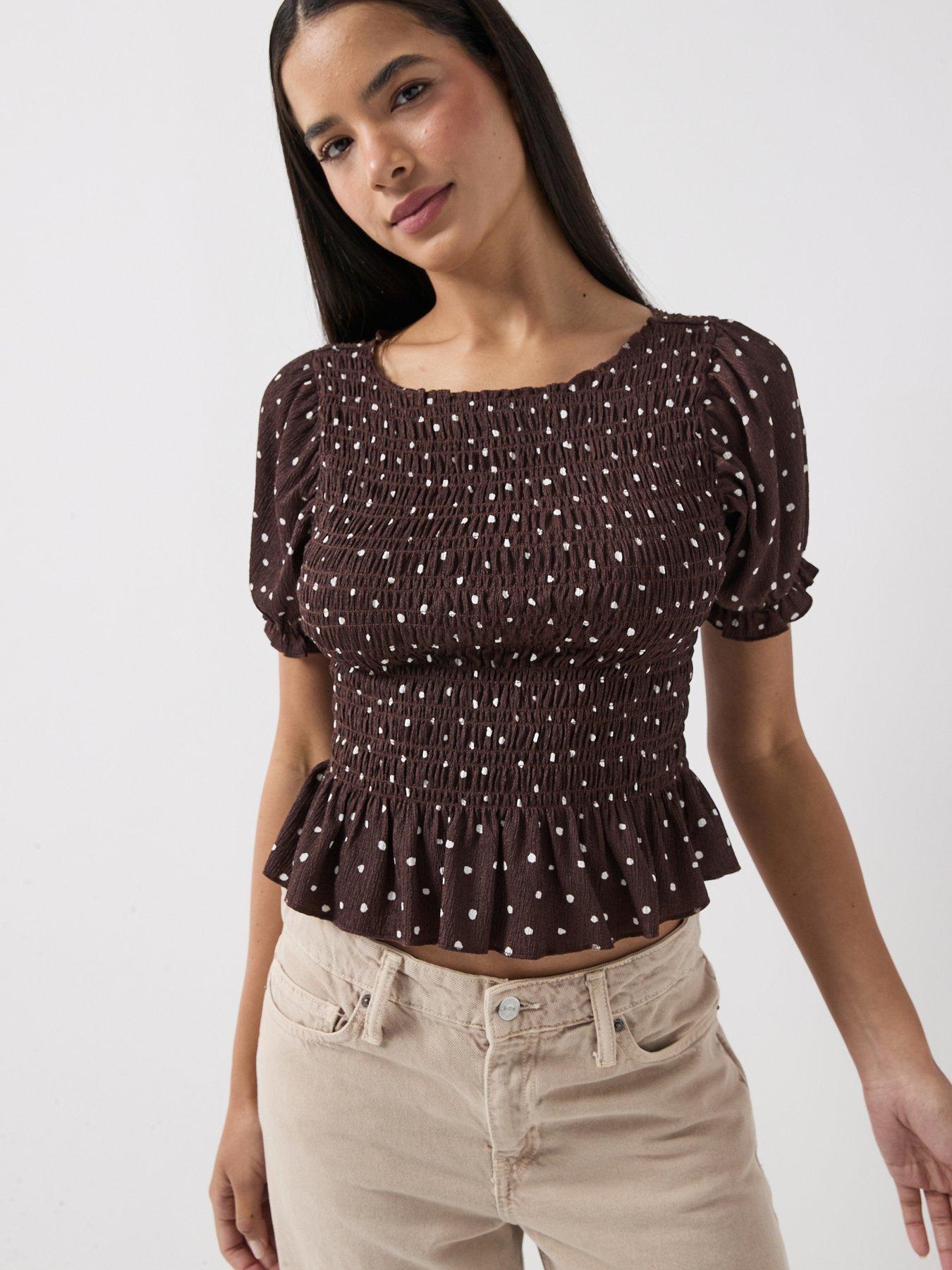  image of only-only-molly-smock-polka-dot-top-brown