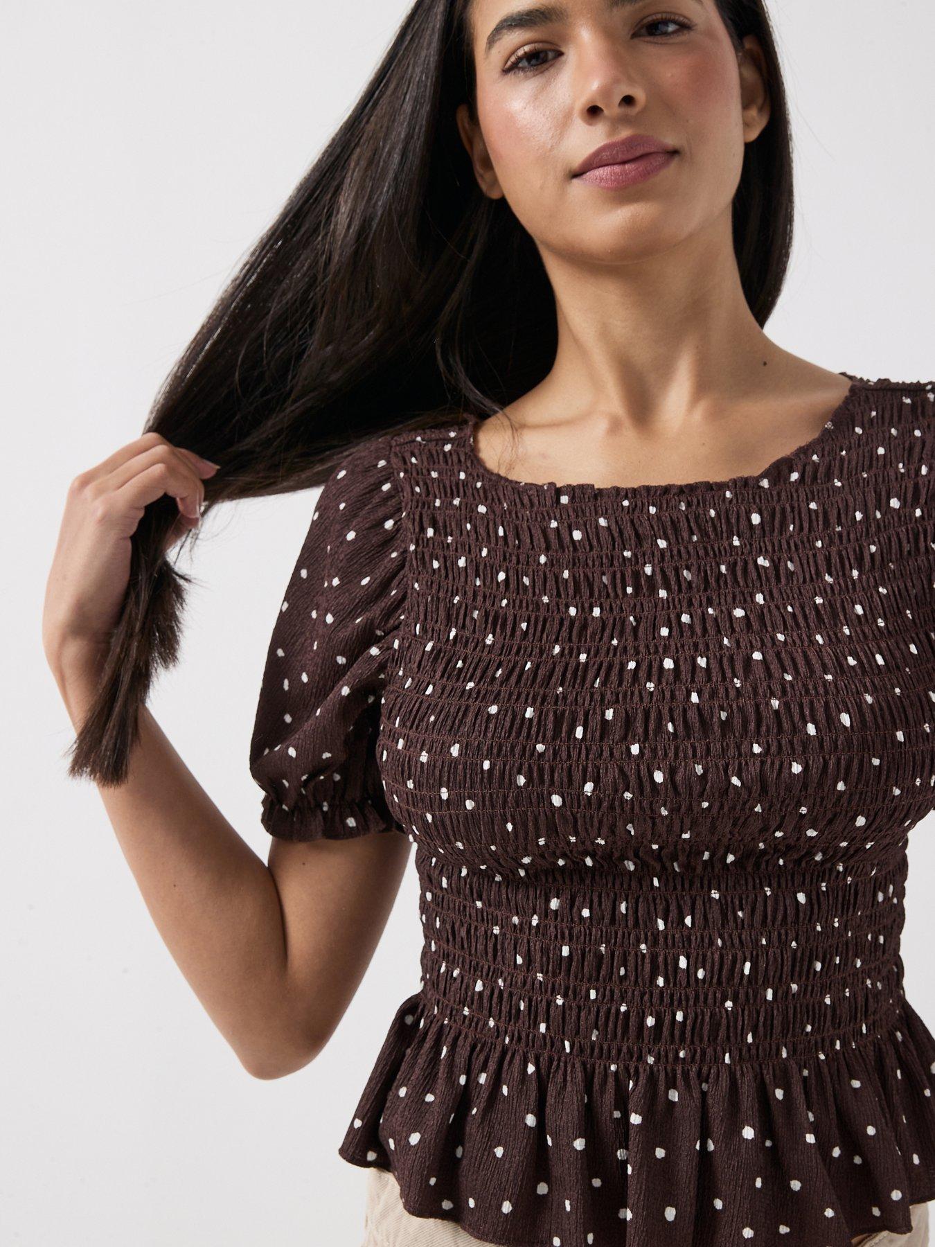  image of only-only-molly-smock-polka-dot-top-brown