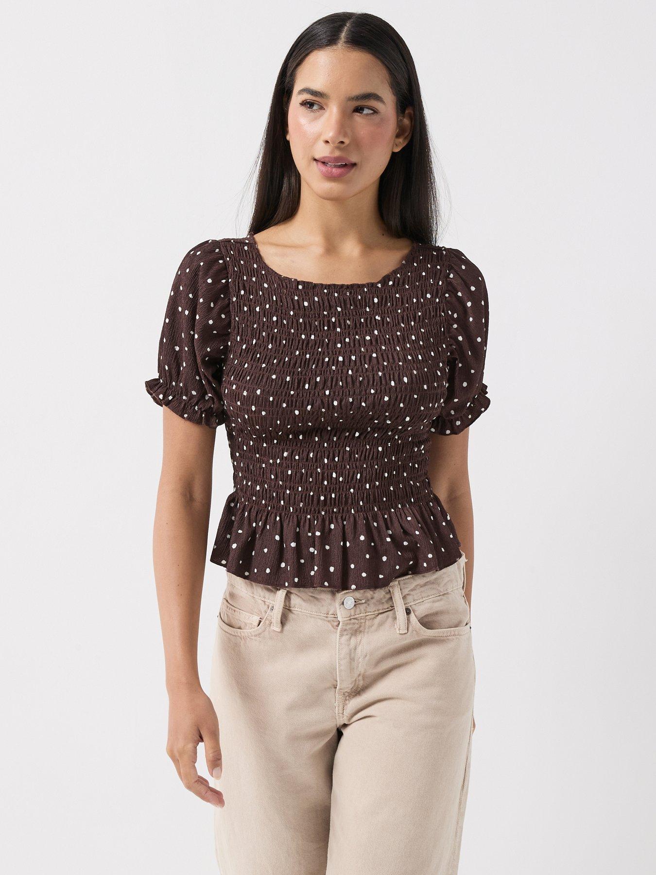 image of only-only-molly-smock-polka-dot-top-brown