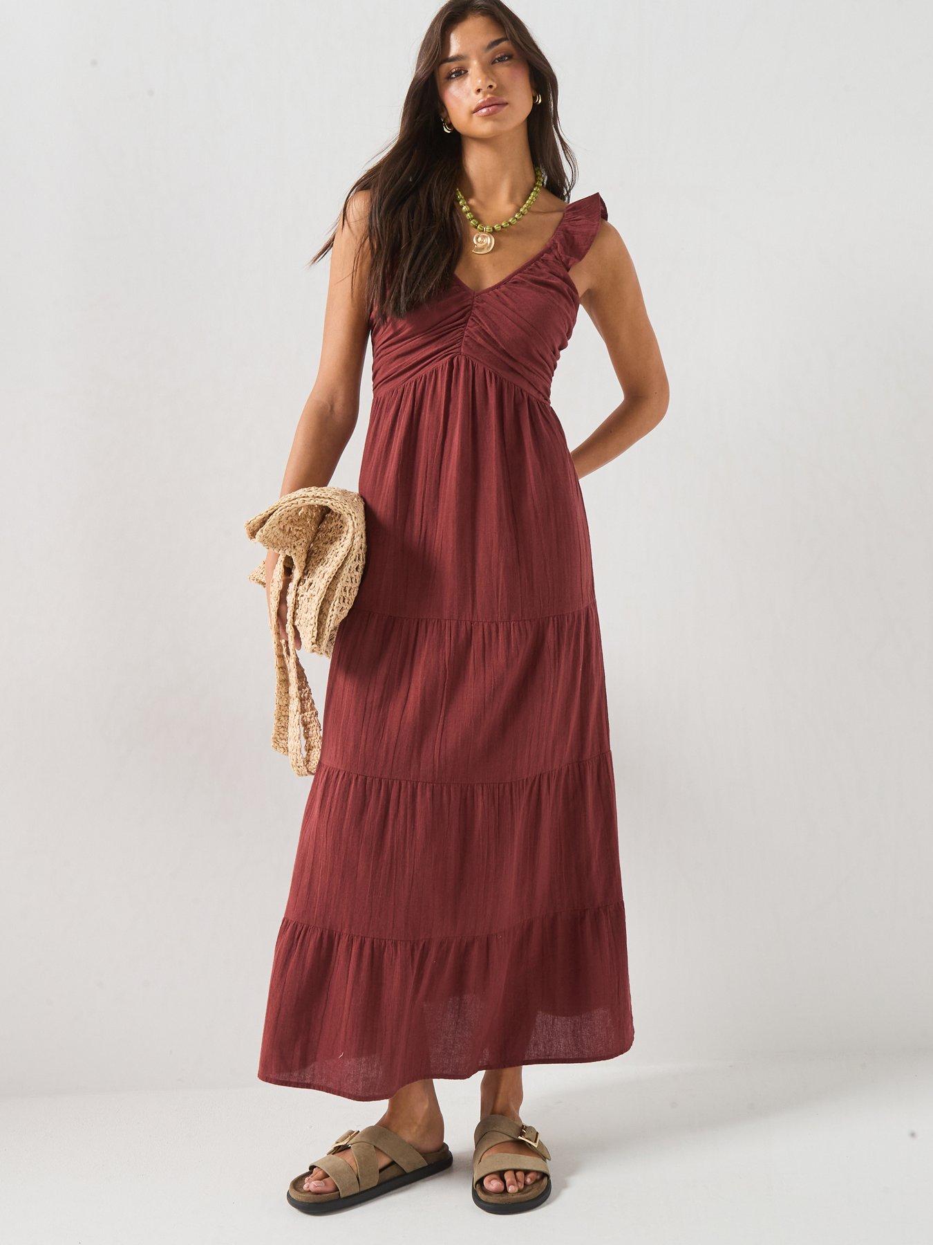 Image 1 of 6 of Vero Moda Vmdicthe Sl Frill Ankle Dress Wvn Ga - Brown