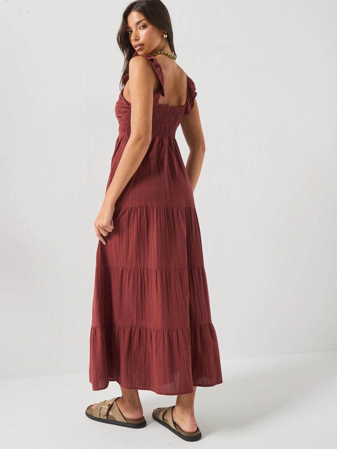 Image 2 of 6 of Vero Moda Vmdicthe Sl Frill Ankle Dress Wvn Ga - Brown
