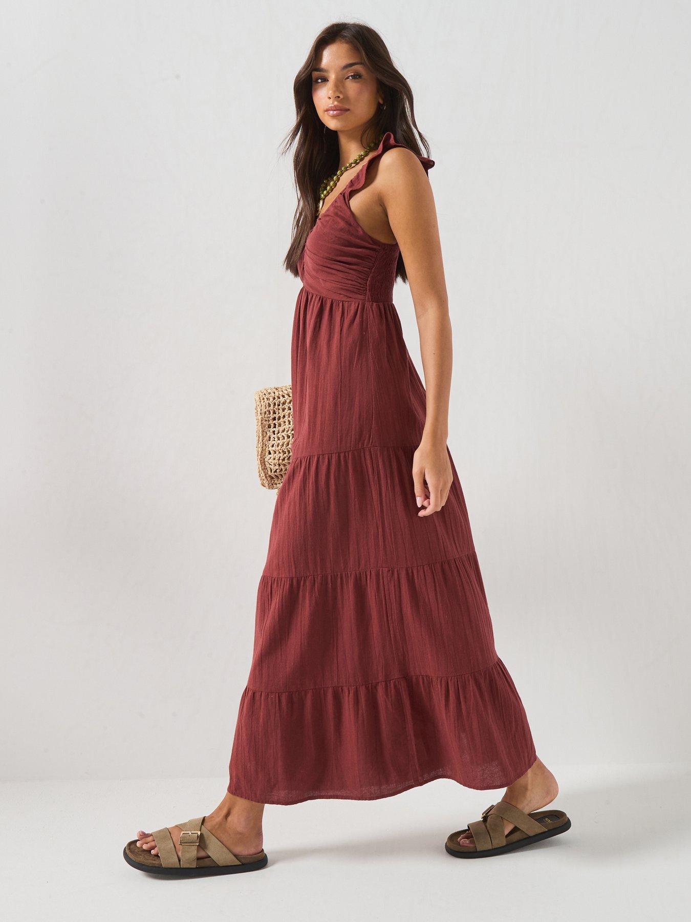Image 3 of 6 of Vero Moda Vmdicthe Sl Frill Ankle Dress Wvn Ga - Brown