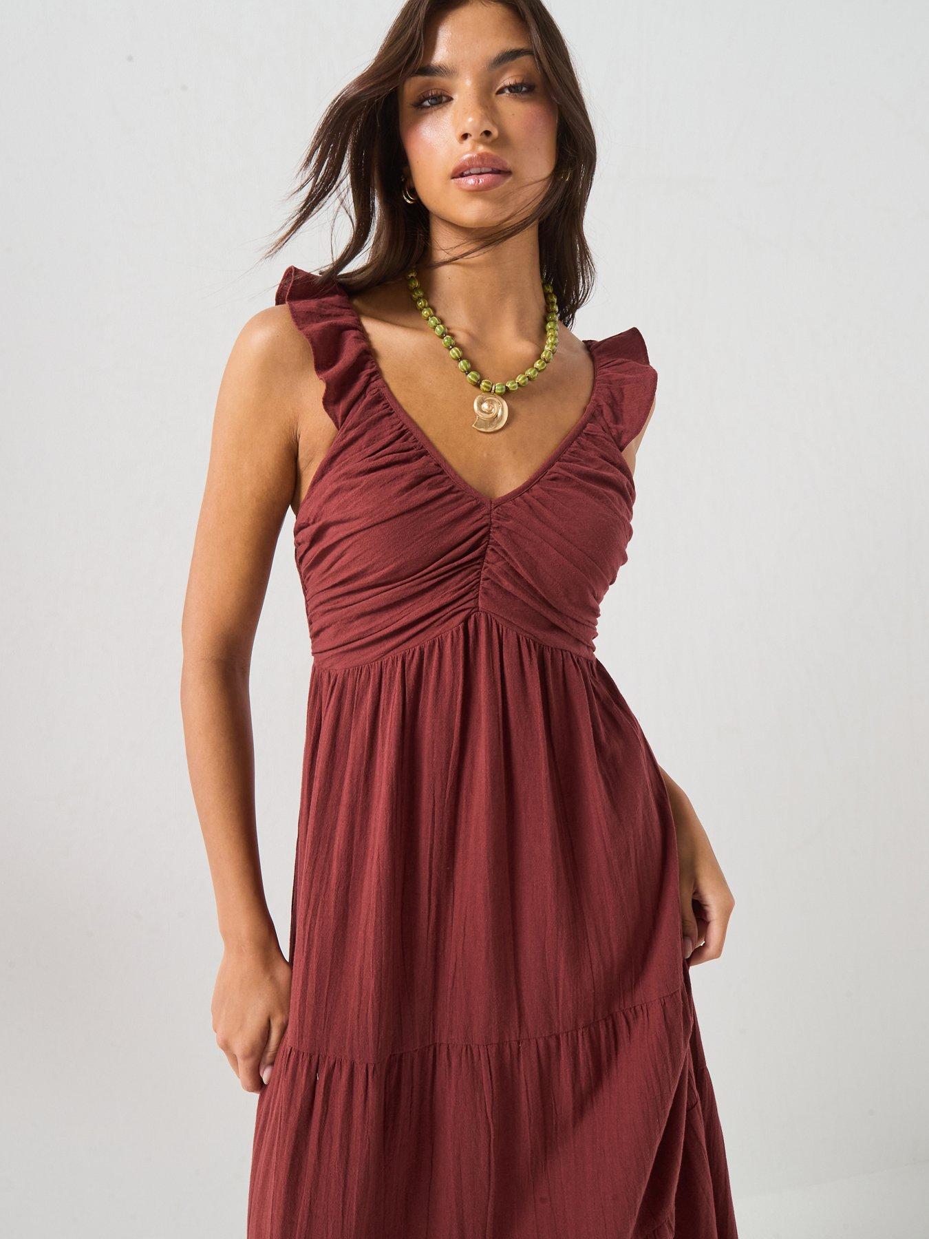 Image 5 of 6 of Vero Moda Vmdicthe Sl Frill Ankle Dress Wvn Ga - Brown