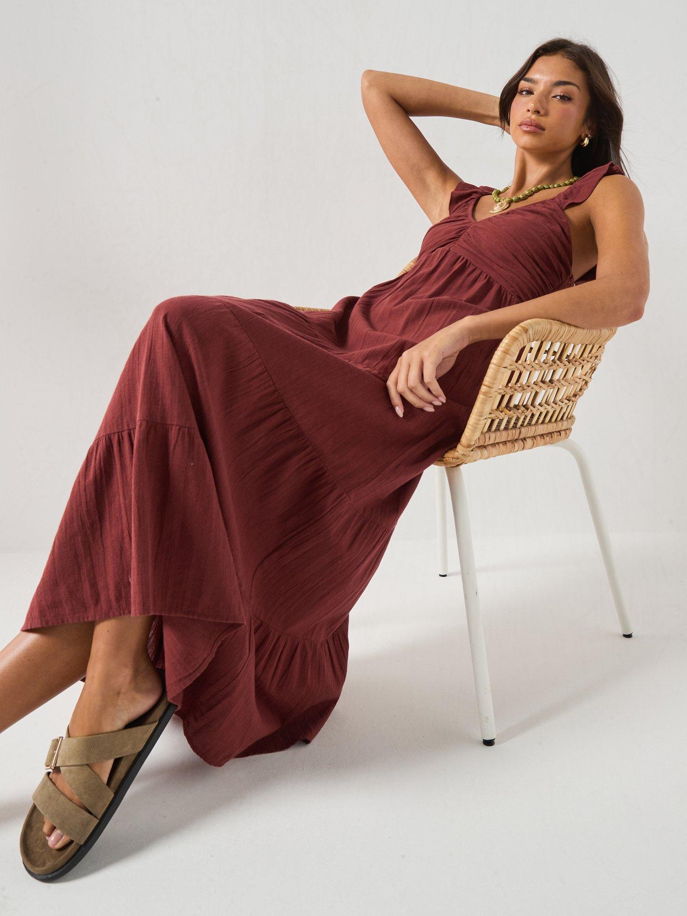 Image 6 of 6 of Vero Moda Vmdicthe Sl Frill Ankle Dress Wvn Ga - Brown
