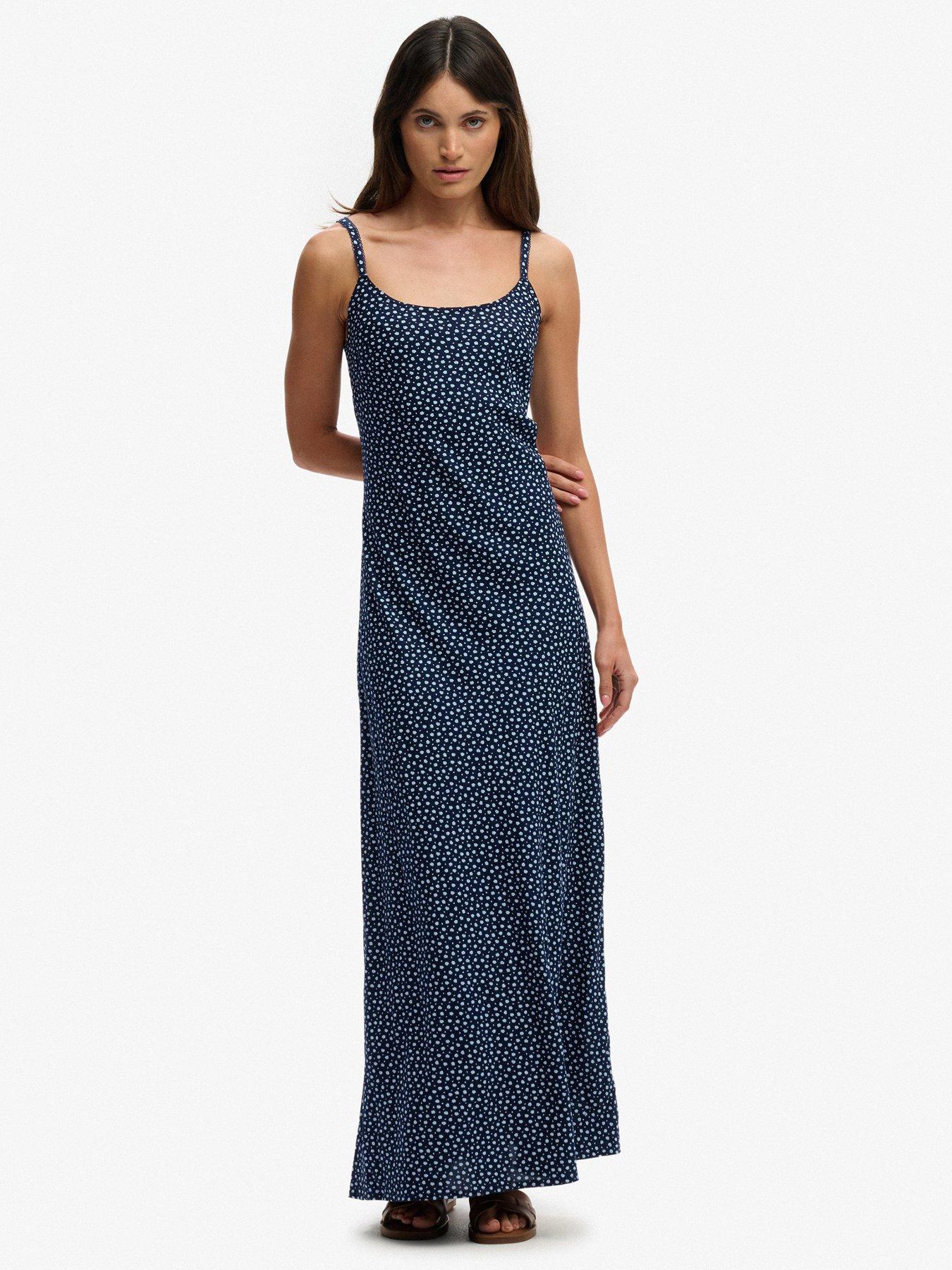 front image of superdry-printed-cami-maxi-dress-blue