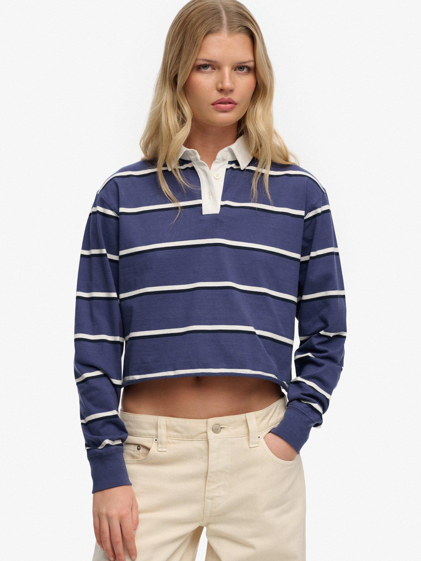 Image 1 of 5 of Superdry Ath Ess Cropped Stripe Rugby Top - Blue