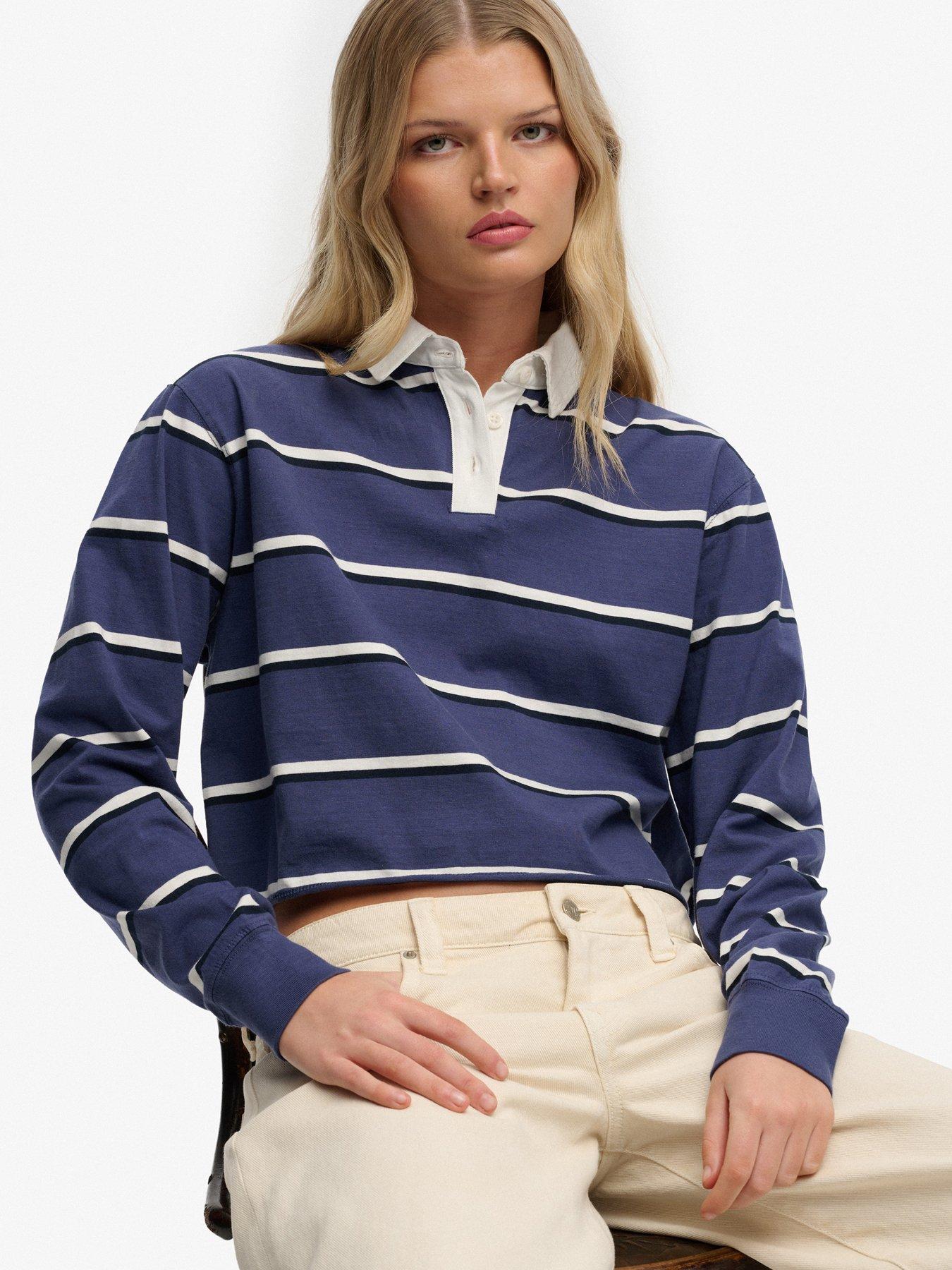 Image 5 of 5 of Superdry Ath Ess Cropped Stripe Rugby Top - Blue