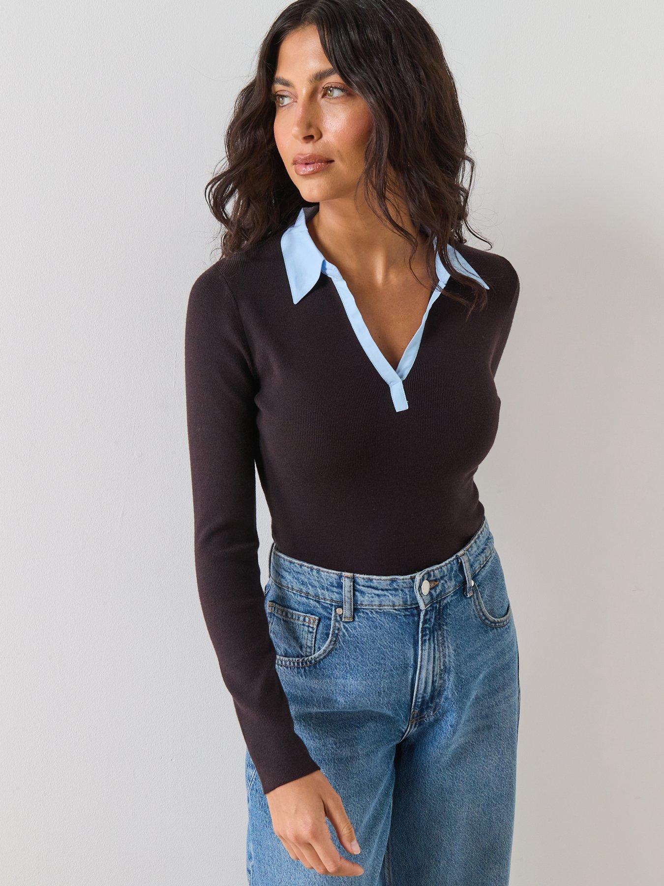 Image 1 of 6 of Mango Combined Shirt Collar Jumper - Brown