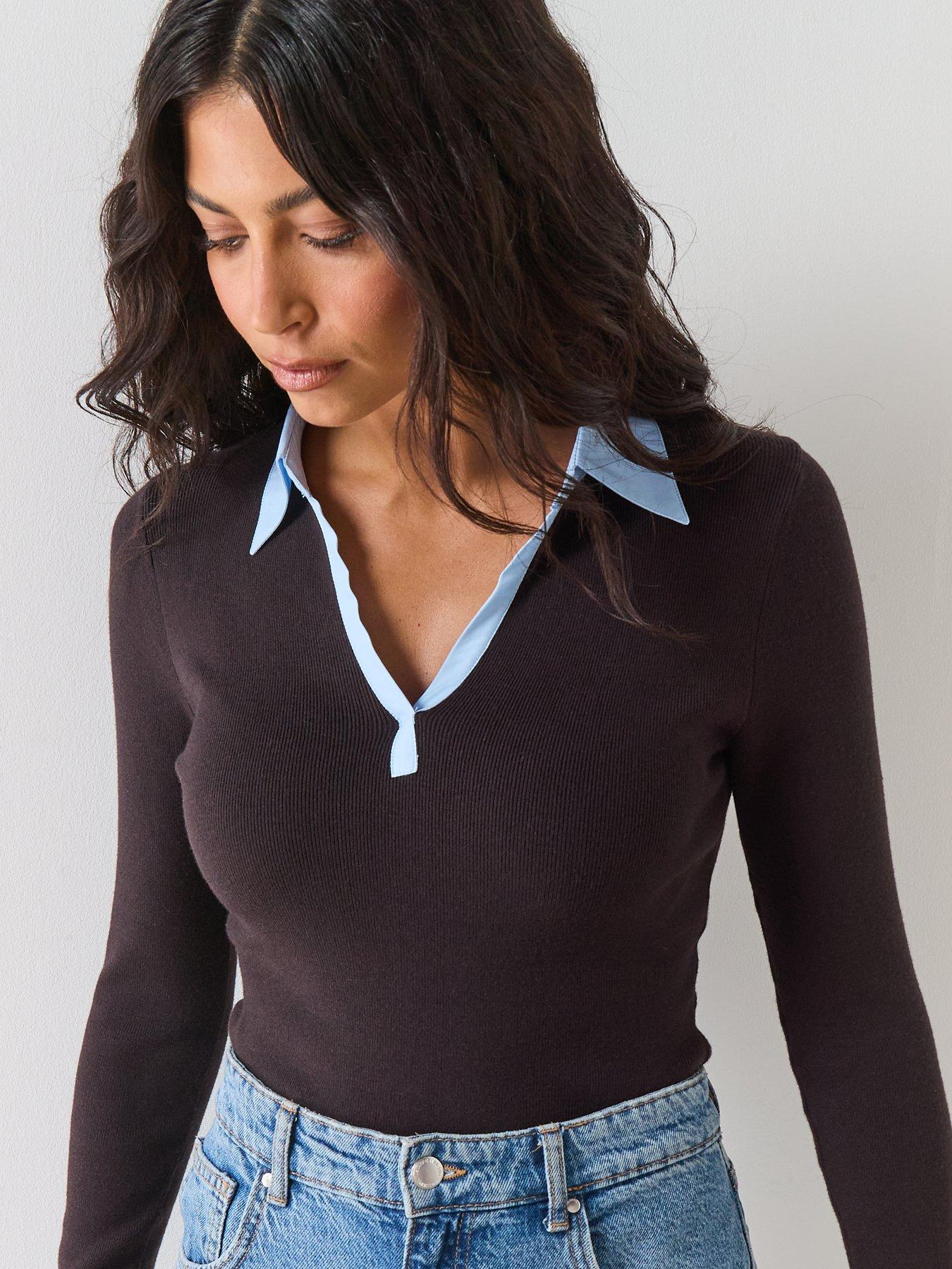 Image 4 of 6 of Mango Combined Shirt Collar Jumper - Brown