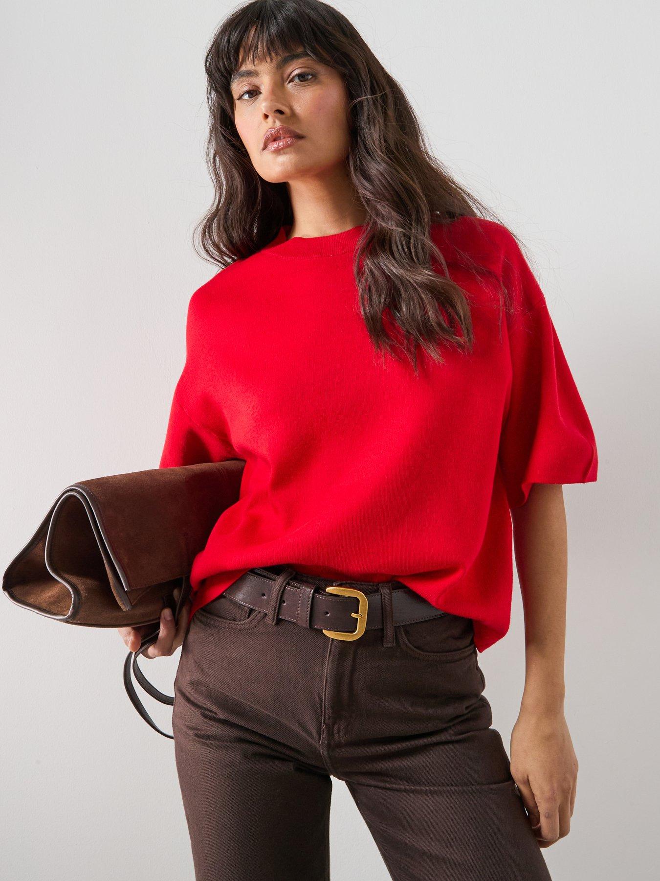front image of mango-oversize-short-sleeve-sweater-red