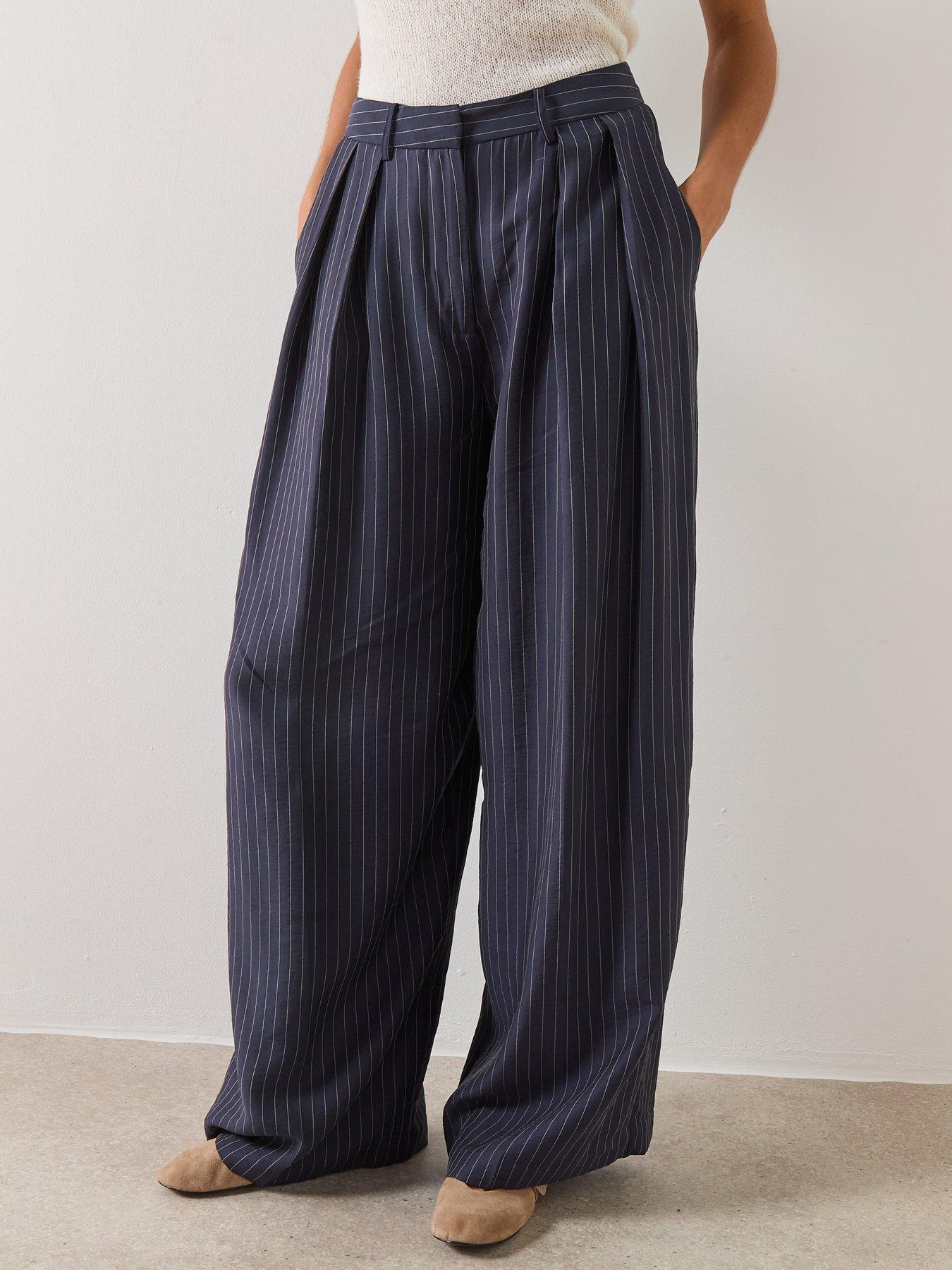 Mango Pinstripe Wide Leg Trousers - Blue