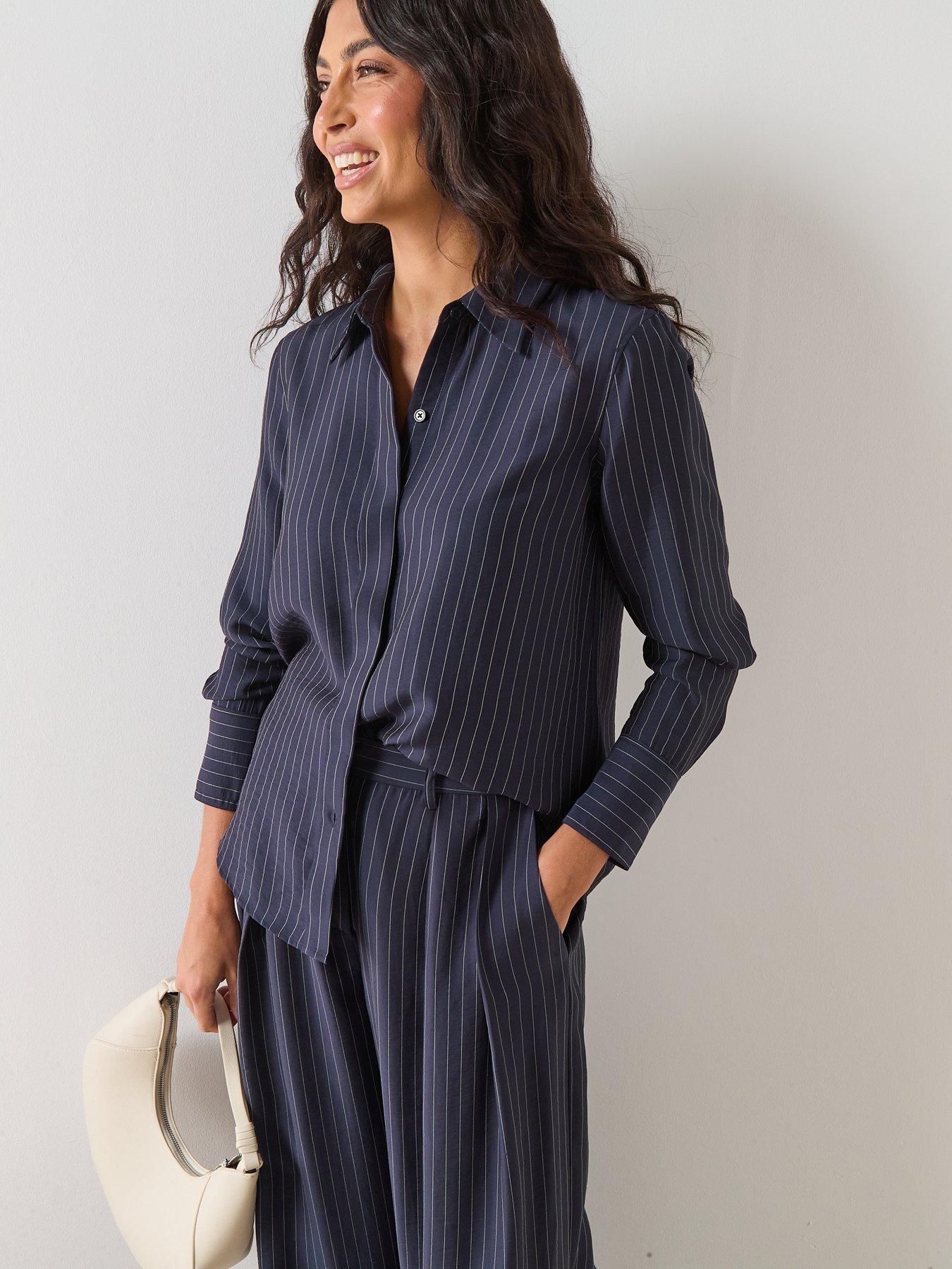  image of mango-pinstripe-wide-leg-trousers-blue