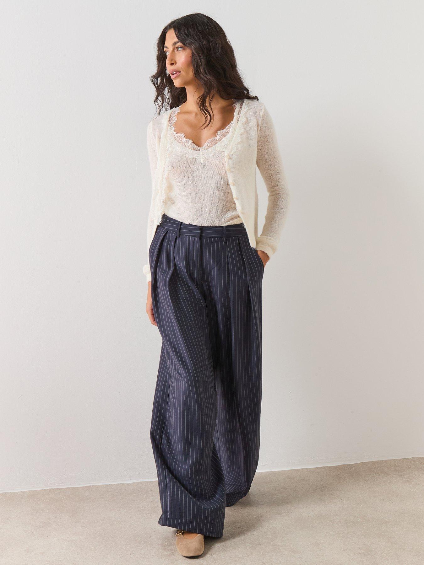  image of mango-pinstripe-wide-leg-trousers-blue