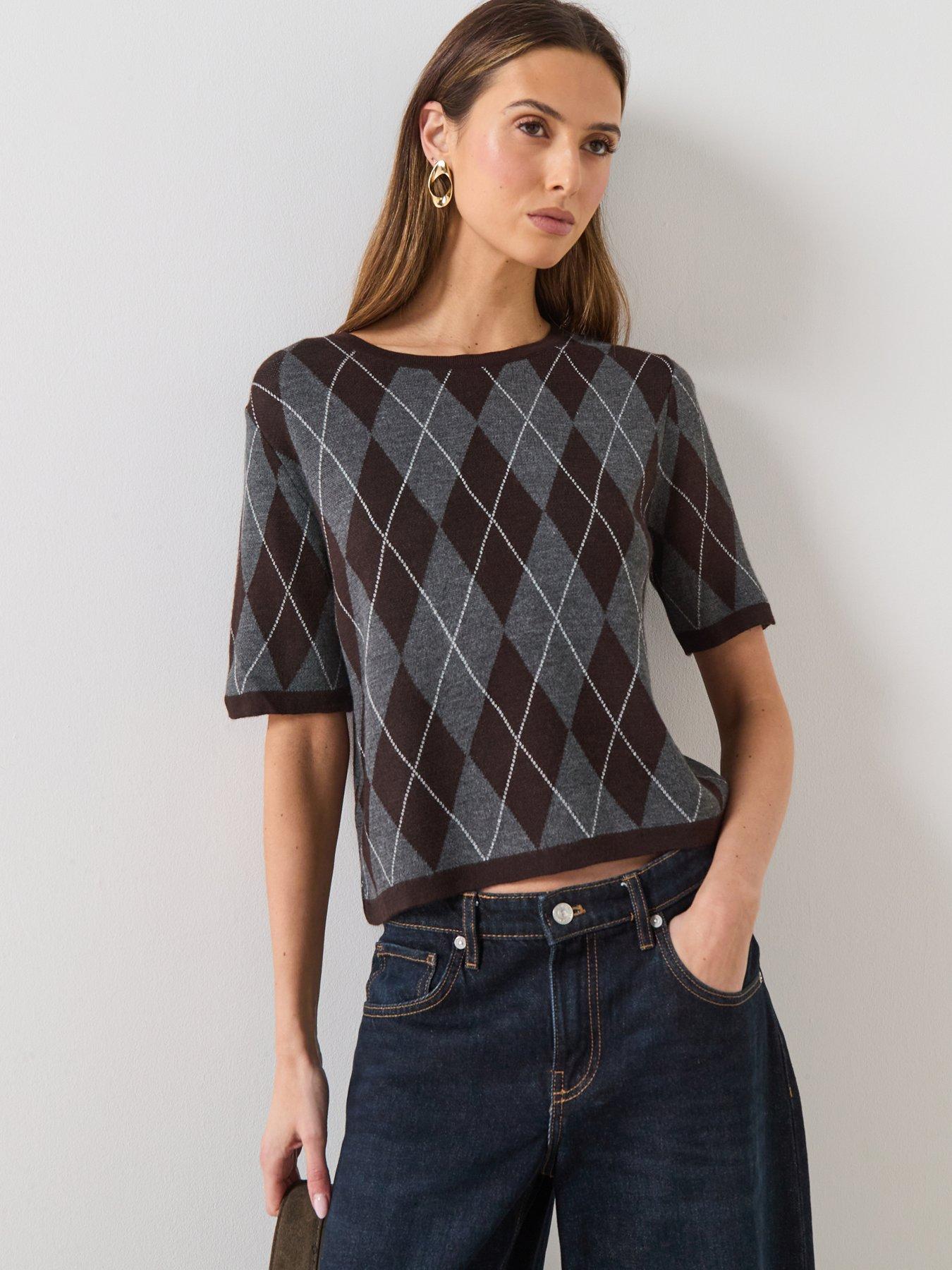 Mango Short-Sleeved Argyle Sweater - Grey