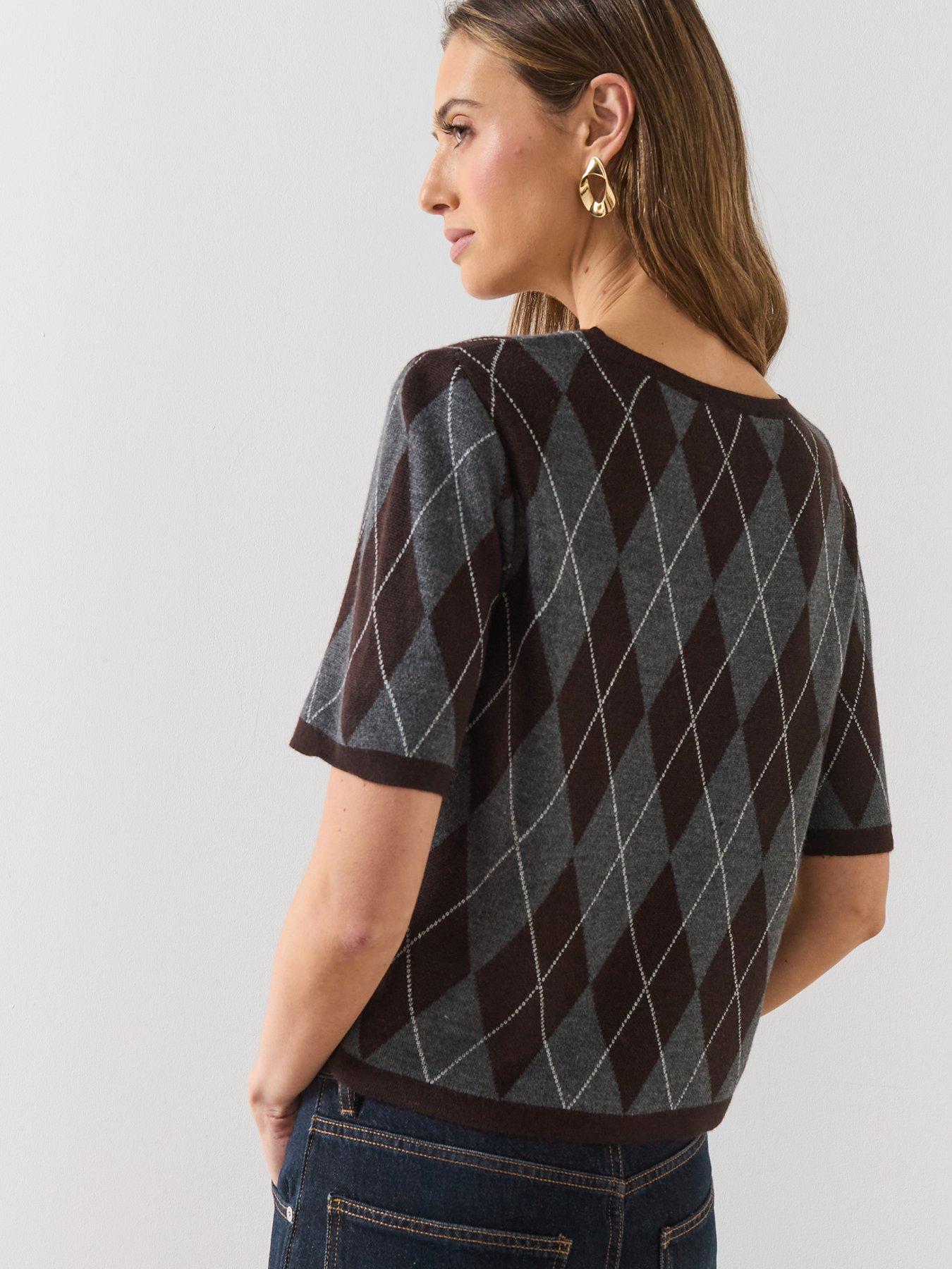 Image 2 of 6 of Mango Short-Sleeved Argyle Sweater - Grey