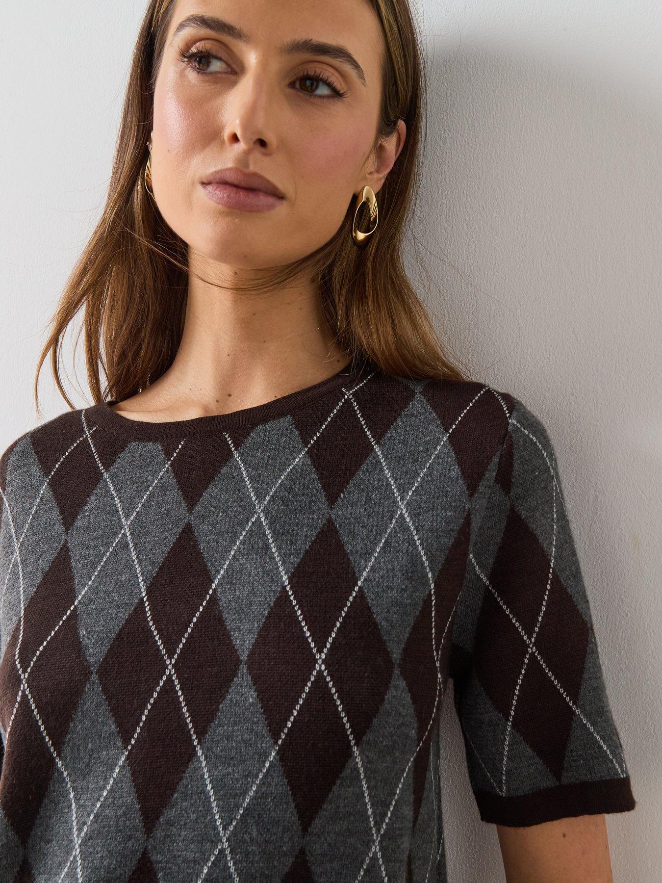 Image 4 of 6 of Mango Short-Sleeved Argyle Sweater - Grey