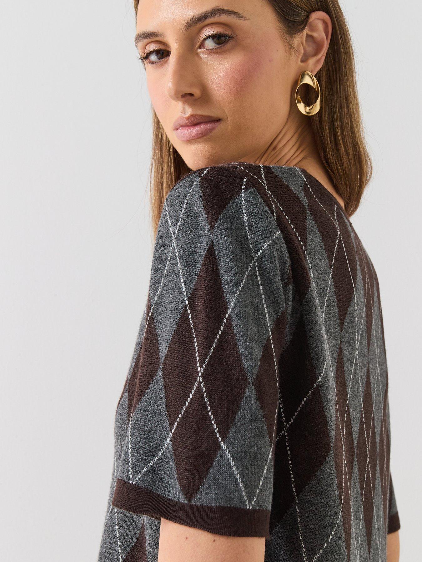 Image 6 of 6 of Mango Short-Sleeved Argyle Sweater - Grey