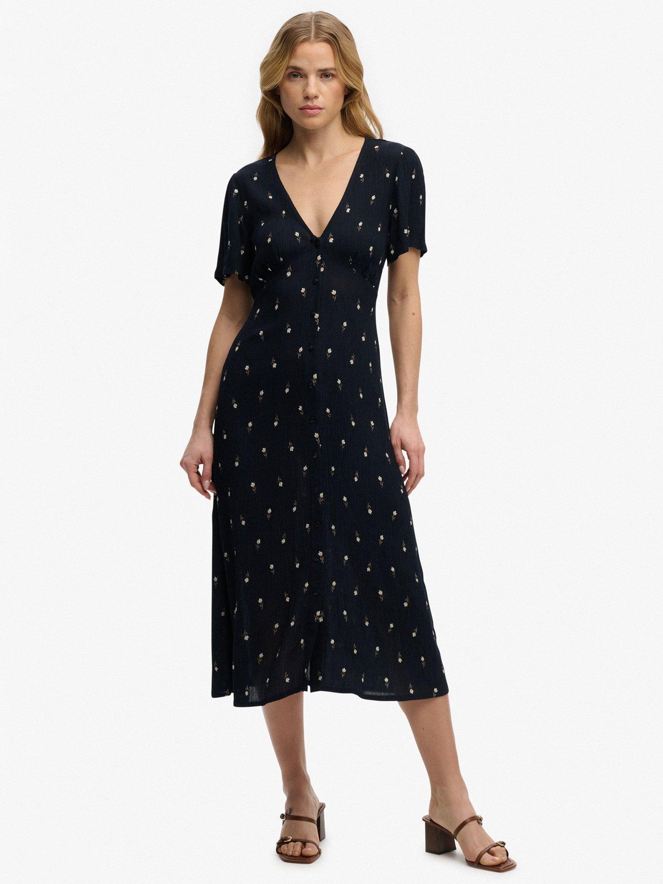Superdry Print Button Short Sleeve Midi Tea Dress - Blue