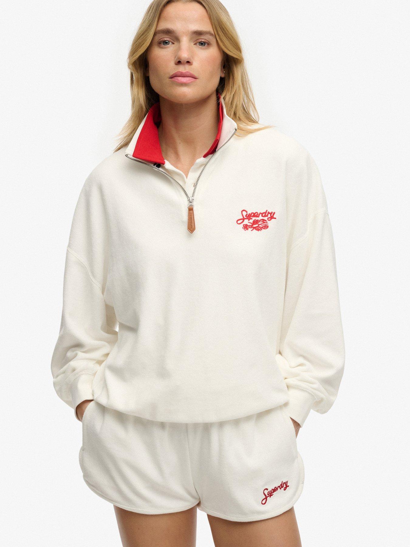 front image of superdry-heritage-terry-half-zip-sweatshirt-cream