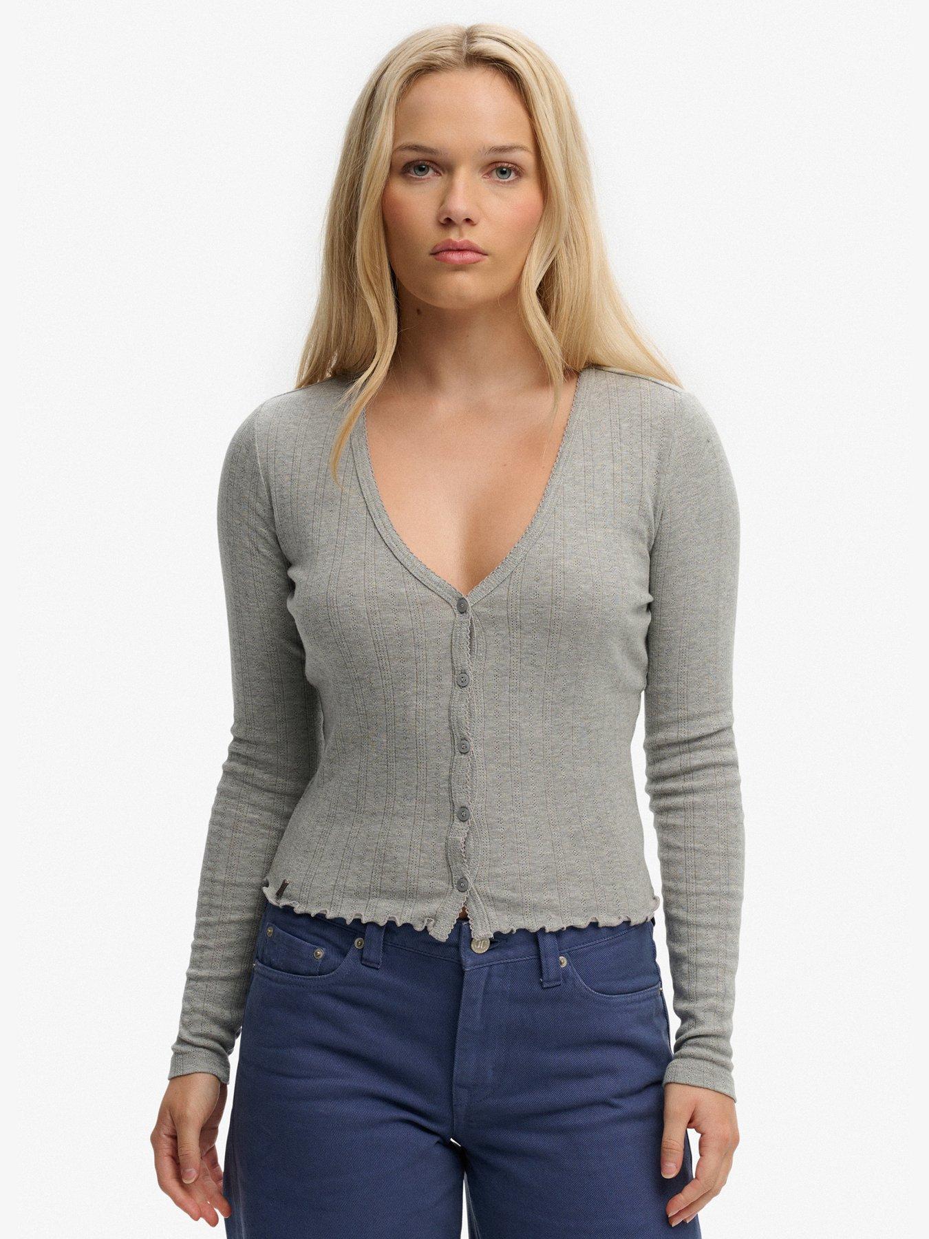  image of superdry-athletic-essential-pointelle-cardigan-grey