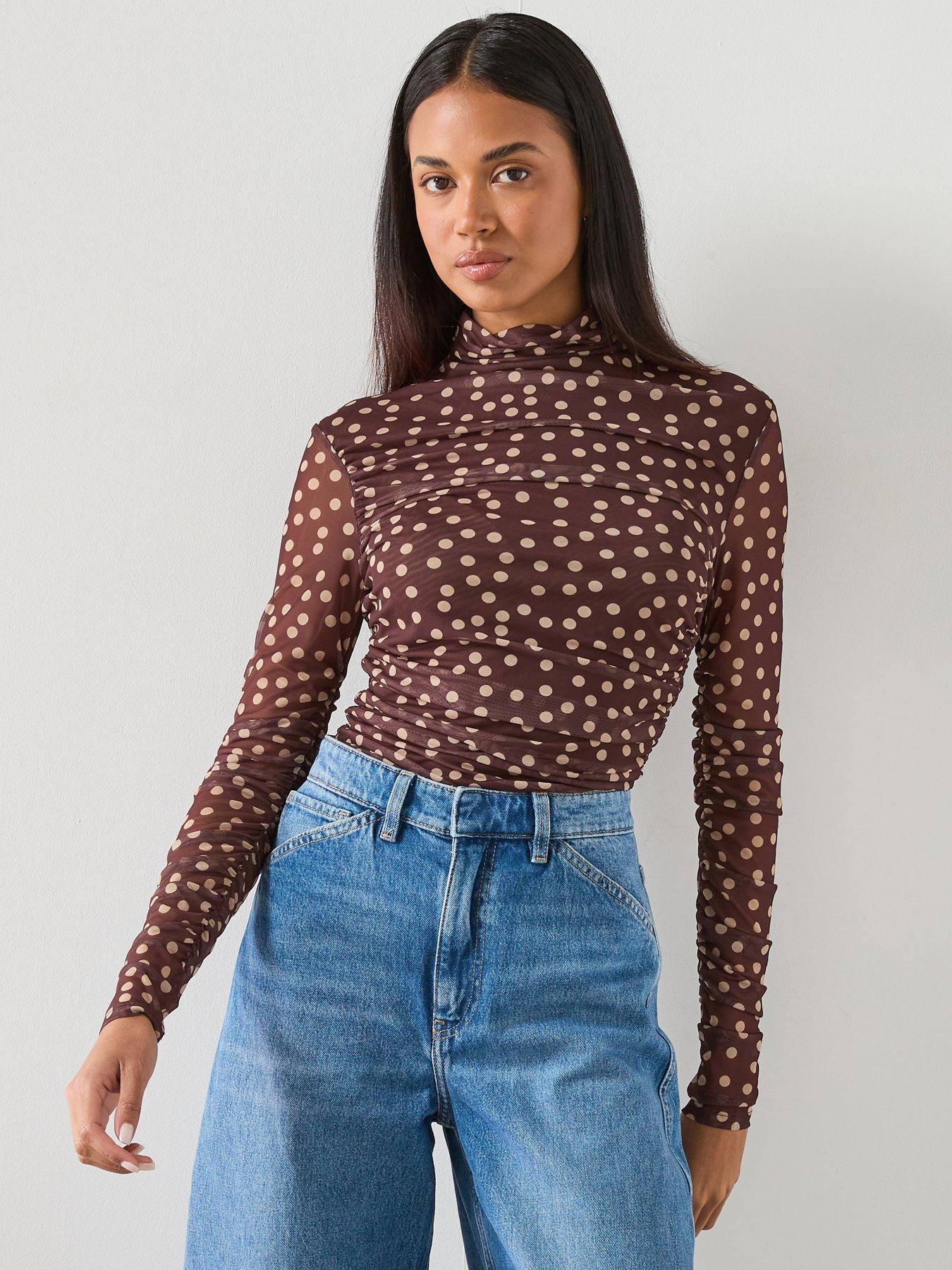 front image of mango-ruched-polka-dot-t-shirt-brown