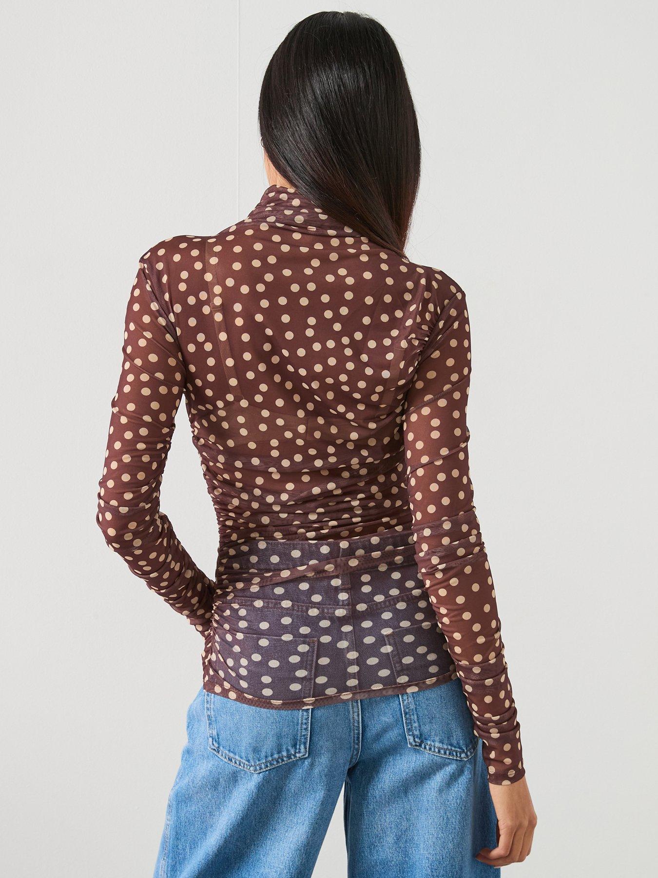  image of mango-ruched-polka-dot-t-shirt-brown