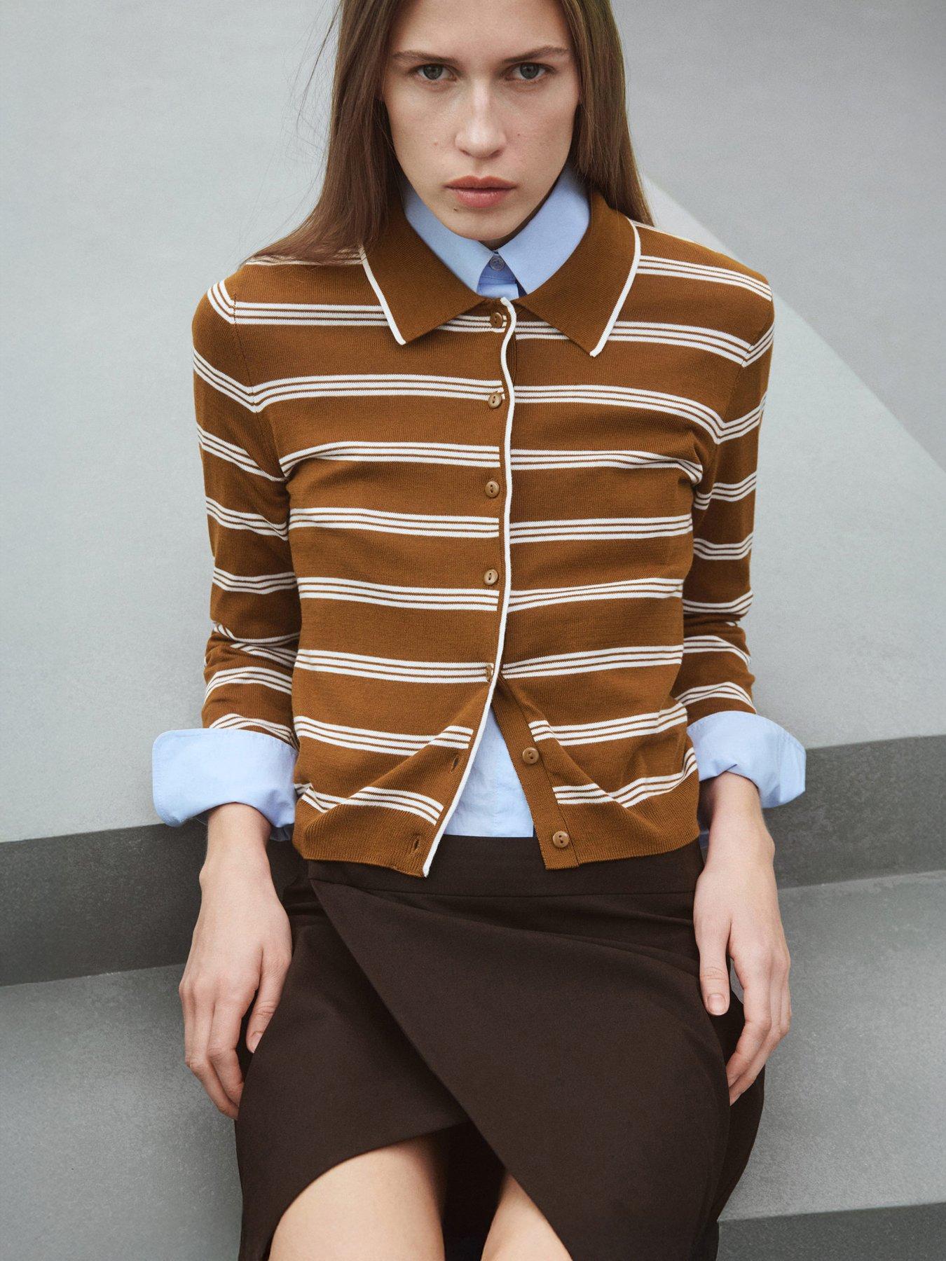 front image of mango-cardigan-with-shirt-collar-brown