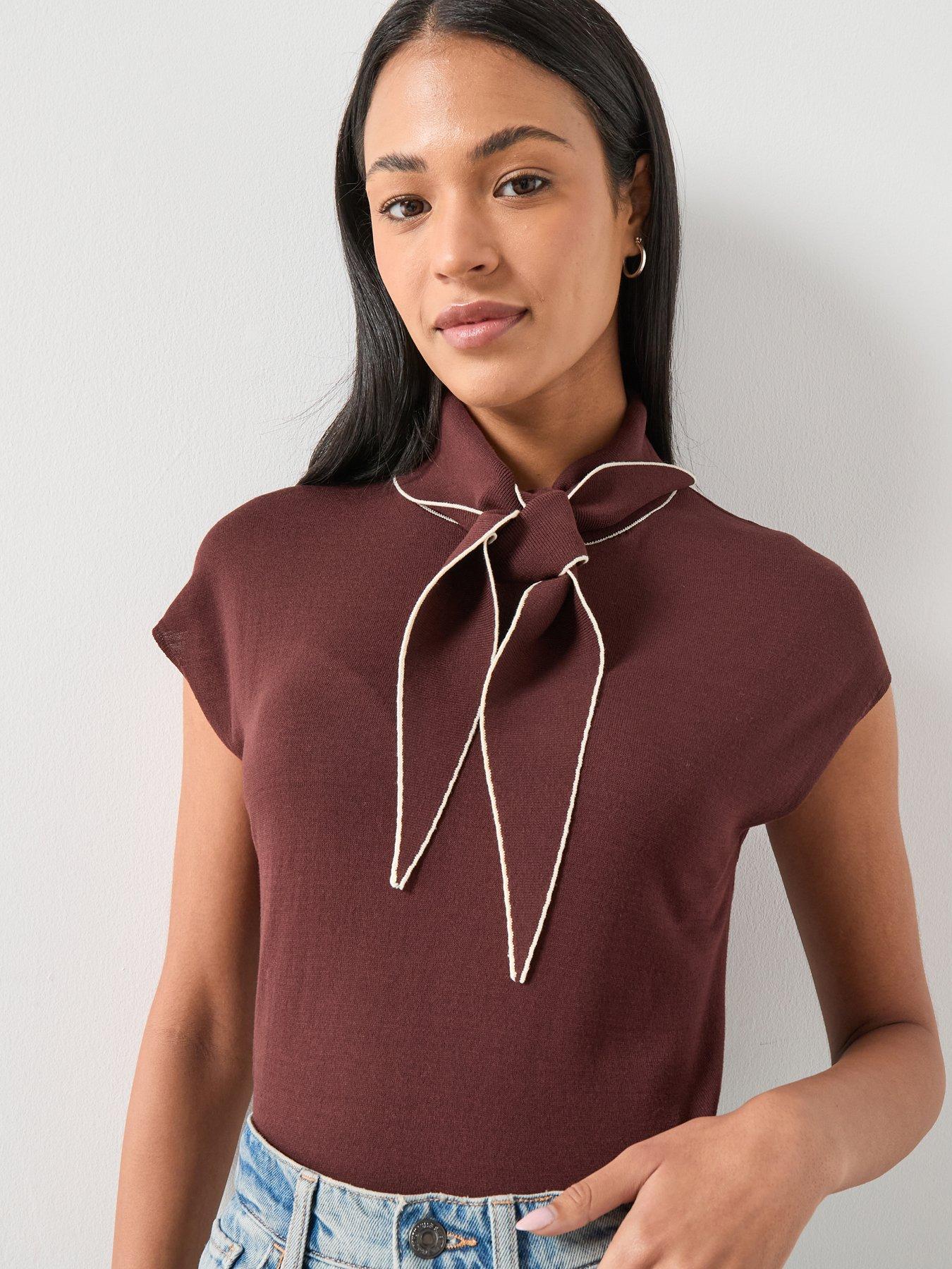 front image of mango-knitted-top-with-scarf-detail-brown