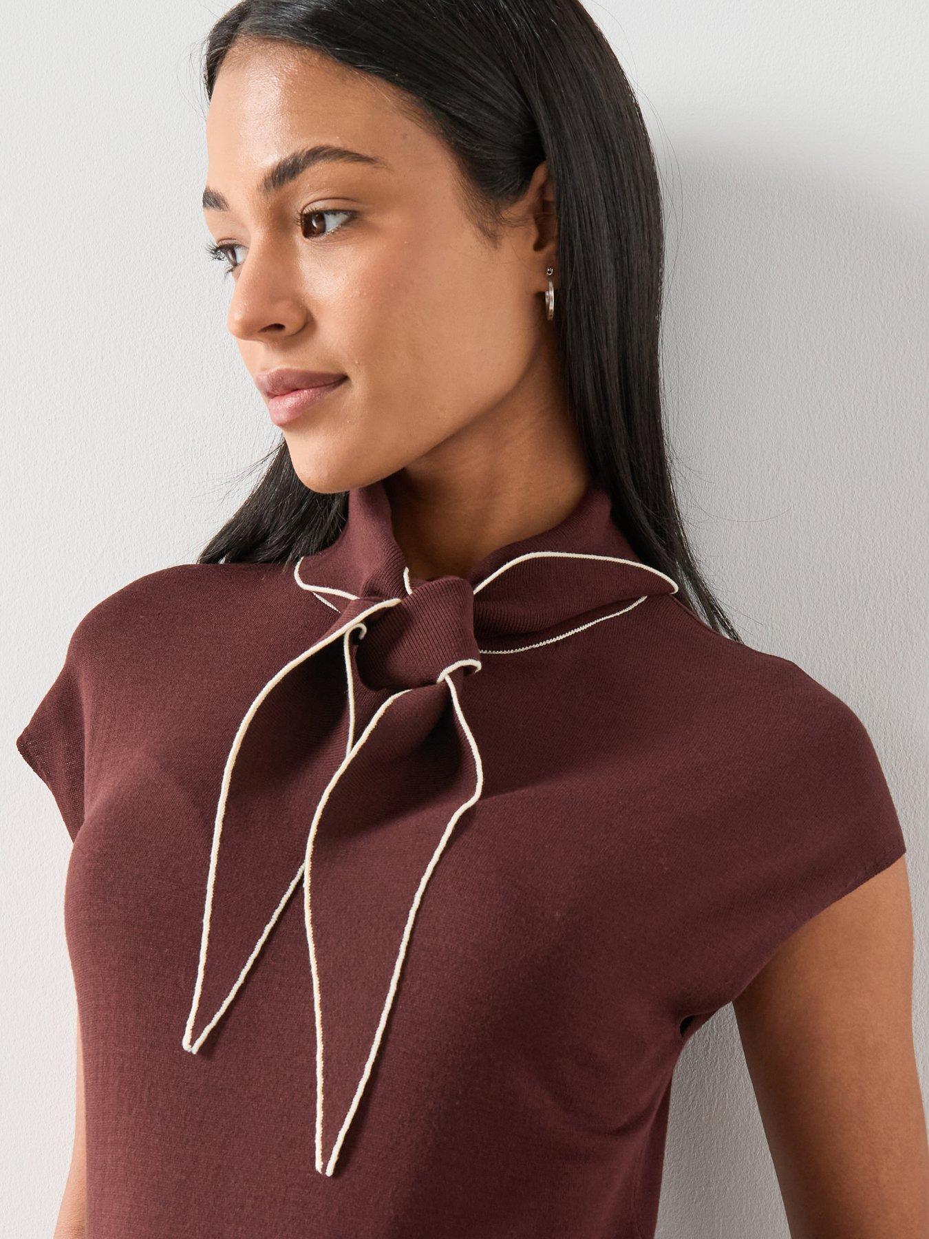  image of mango-knitted-top-with-scarf-detail-brown