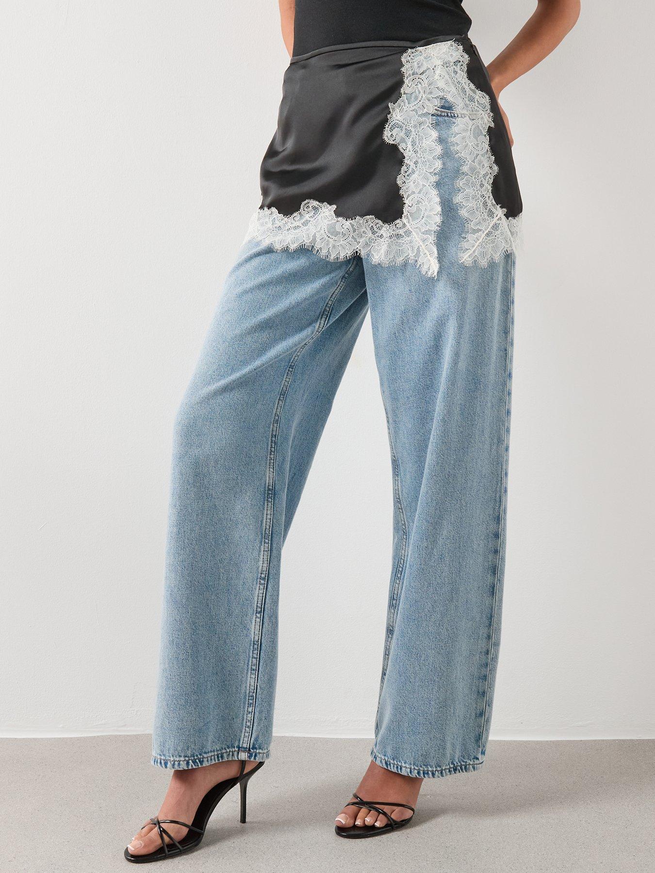 front image of mango-satin-lace-skirt-black