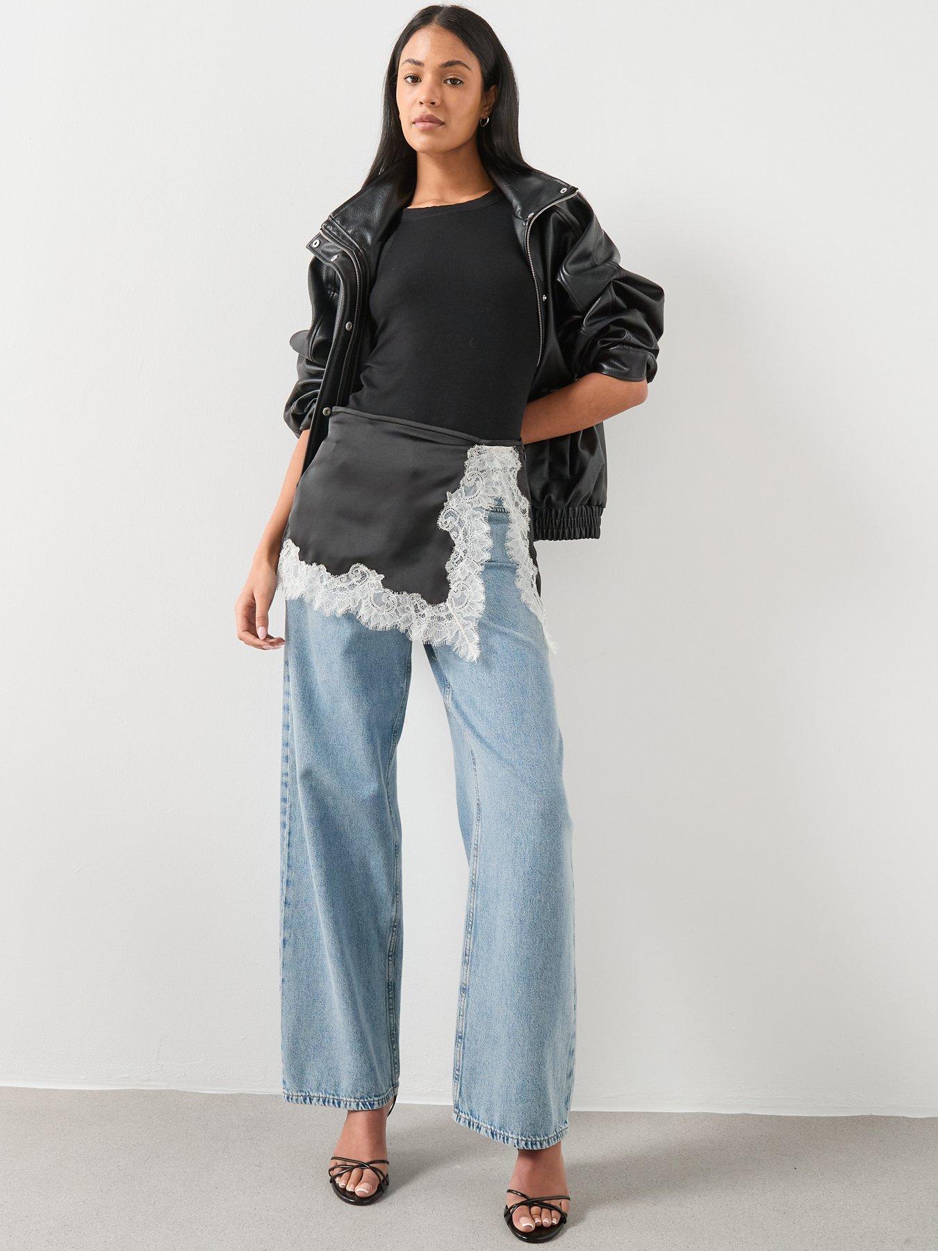  image of mango-satin-lace-skirt-black