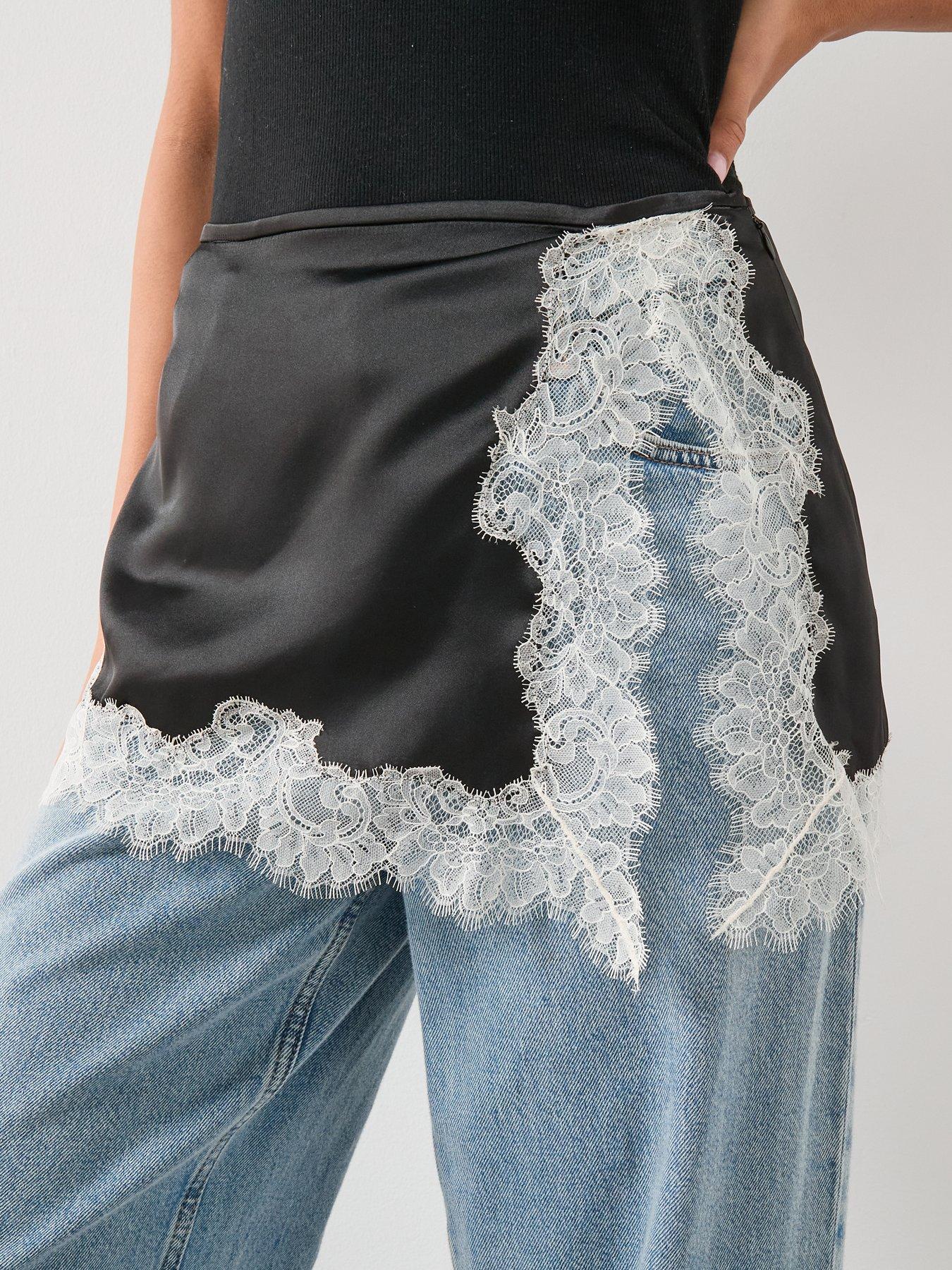  image of mango-satin-lace-skirt-black