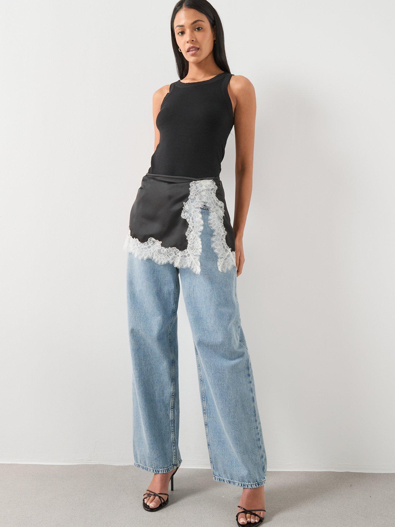  image of mango-satin-lace-skirt-black