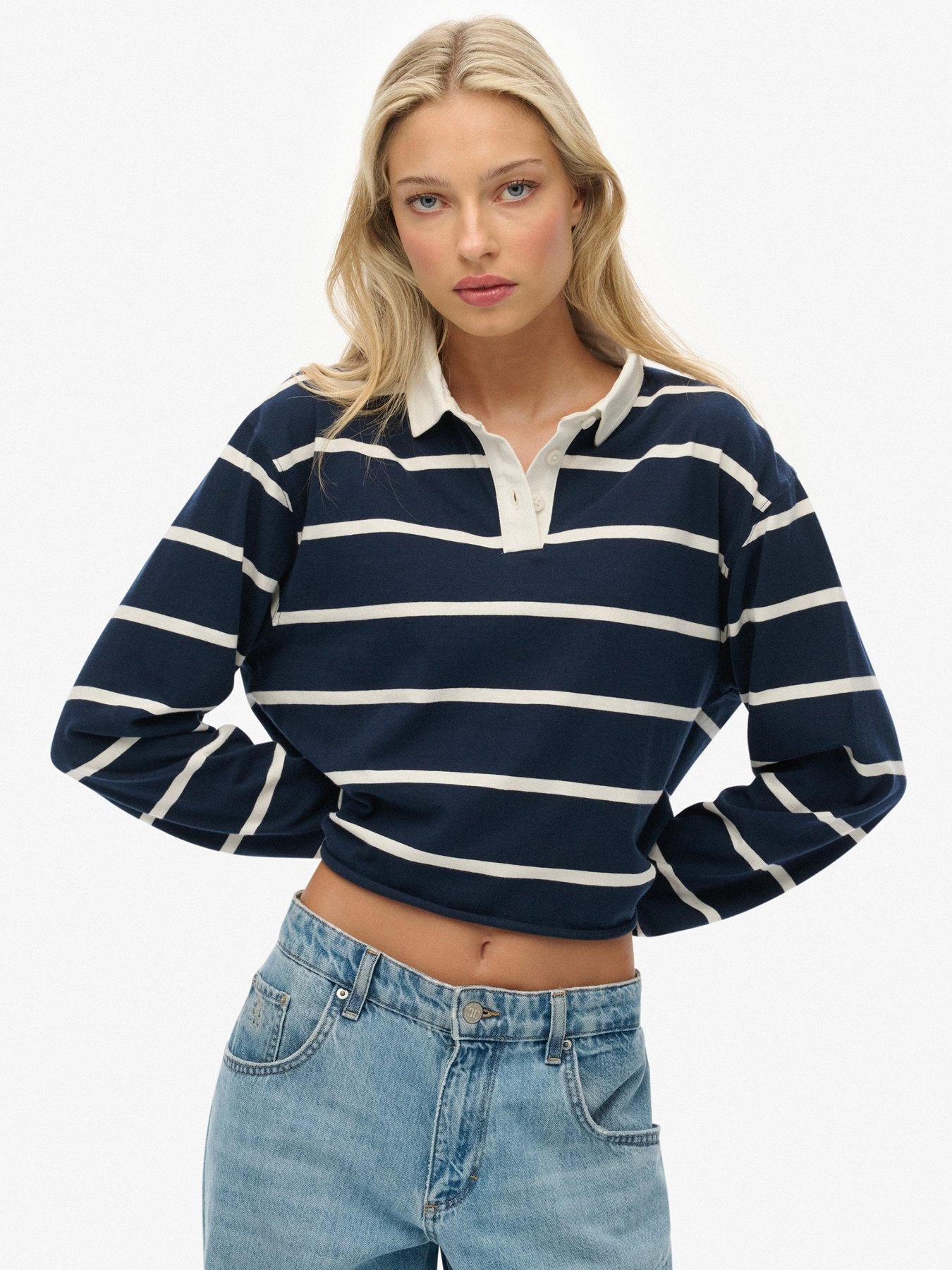 Superdry Ath Ess Cropped Stripe Rugby Top - Blue