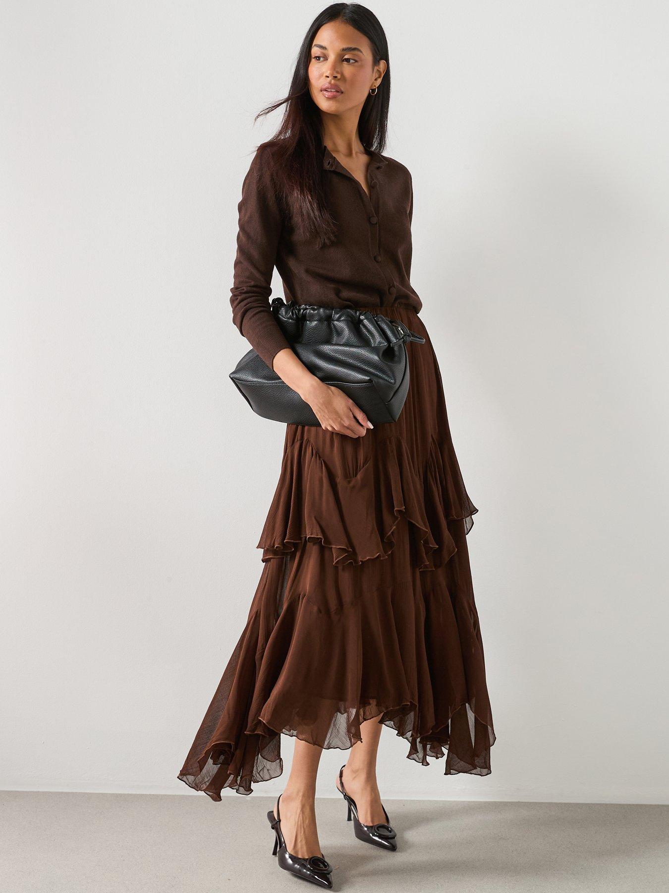 image of mango-ruffled-chiffon-skirt-brown
