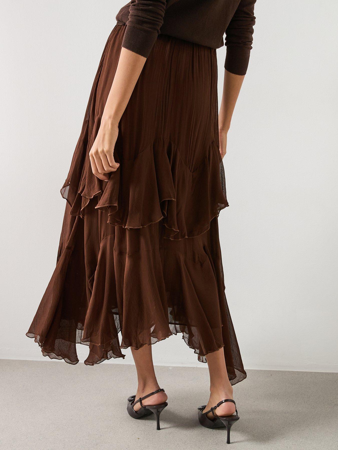  image of mango-ruffled-chiffon-skirt-brown