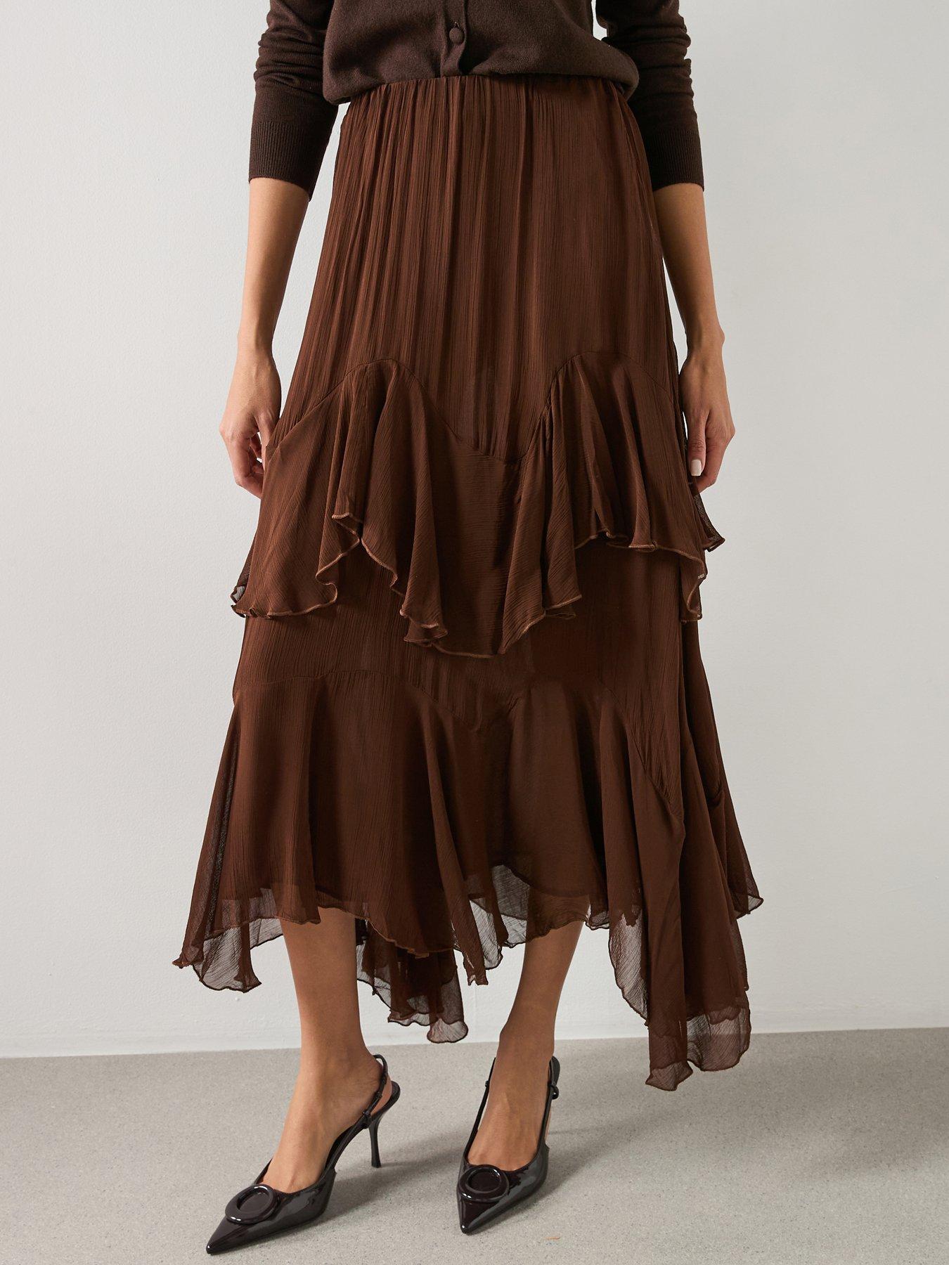  image of mango-ruffled-chiffon-skirt-brown