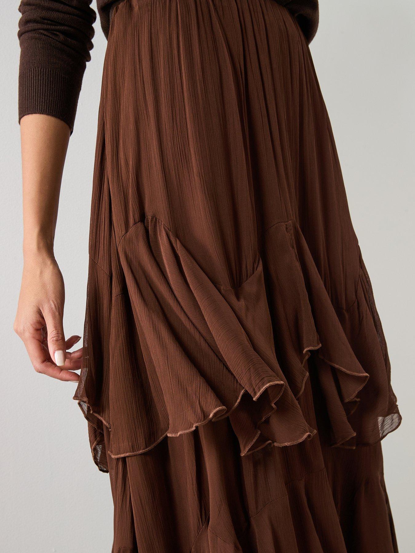  image of mango-ruffled-chiffon-skirt-brown