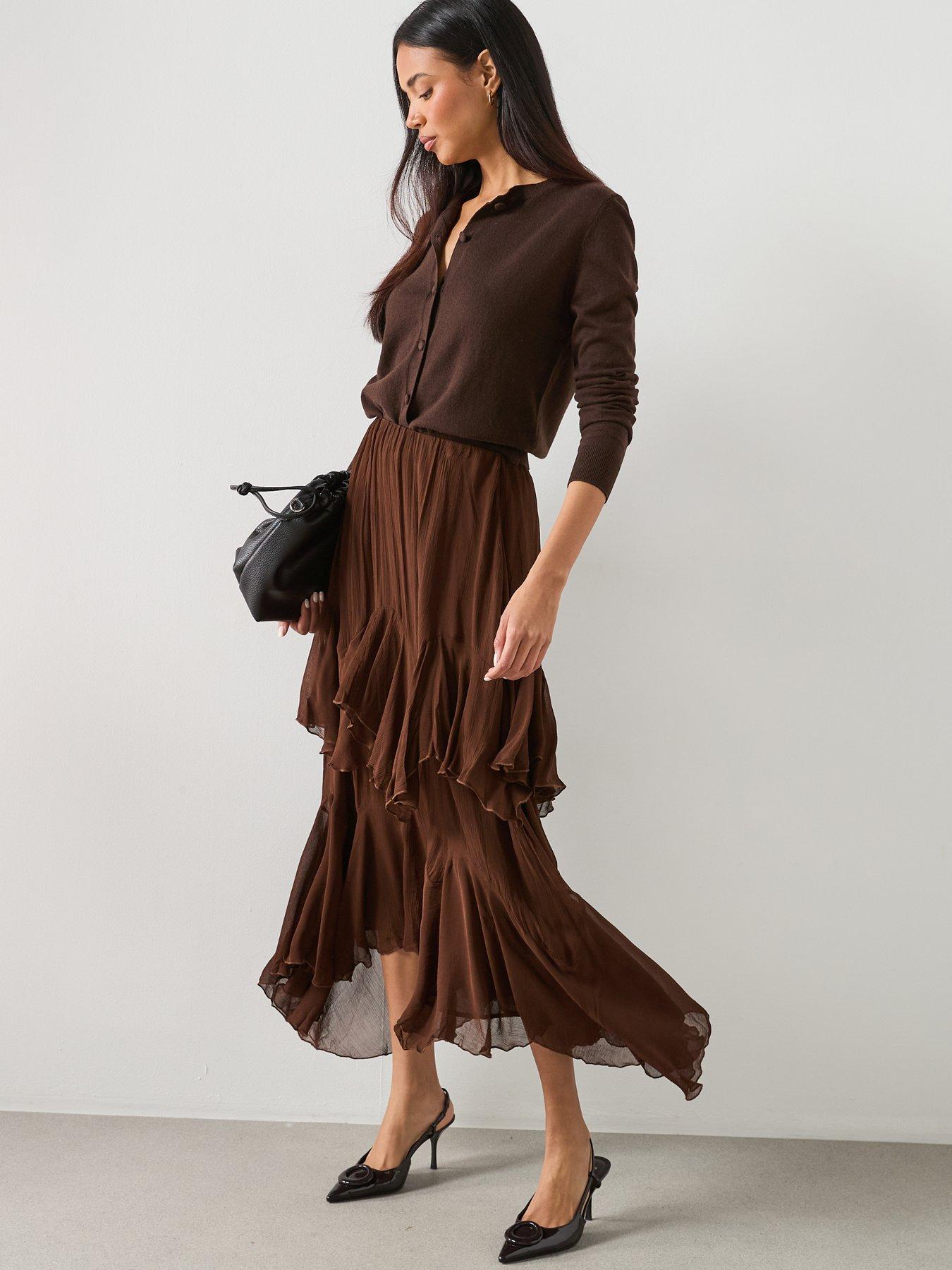  image of mango-ruffled-chiffon-skirt-brown