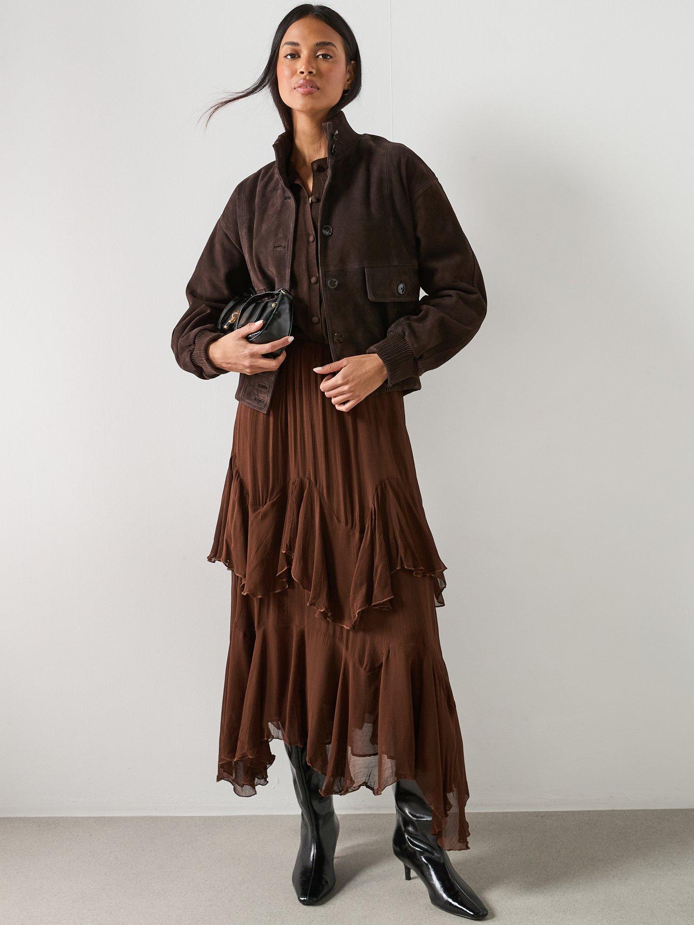  image of mango-ruffled-chiffon-skirt-brown