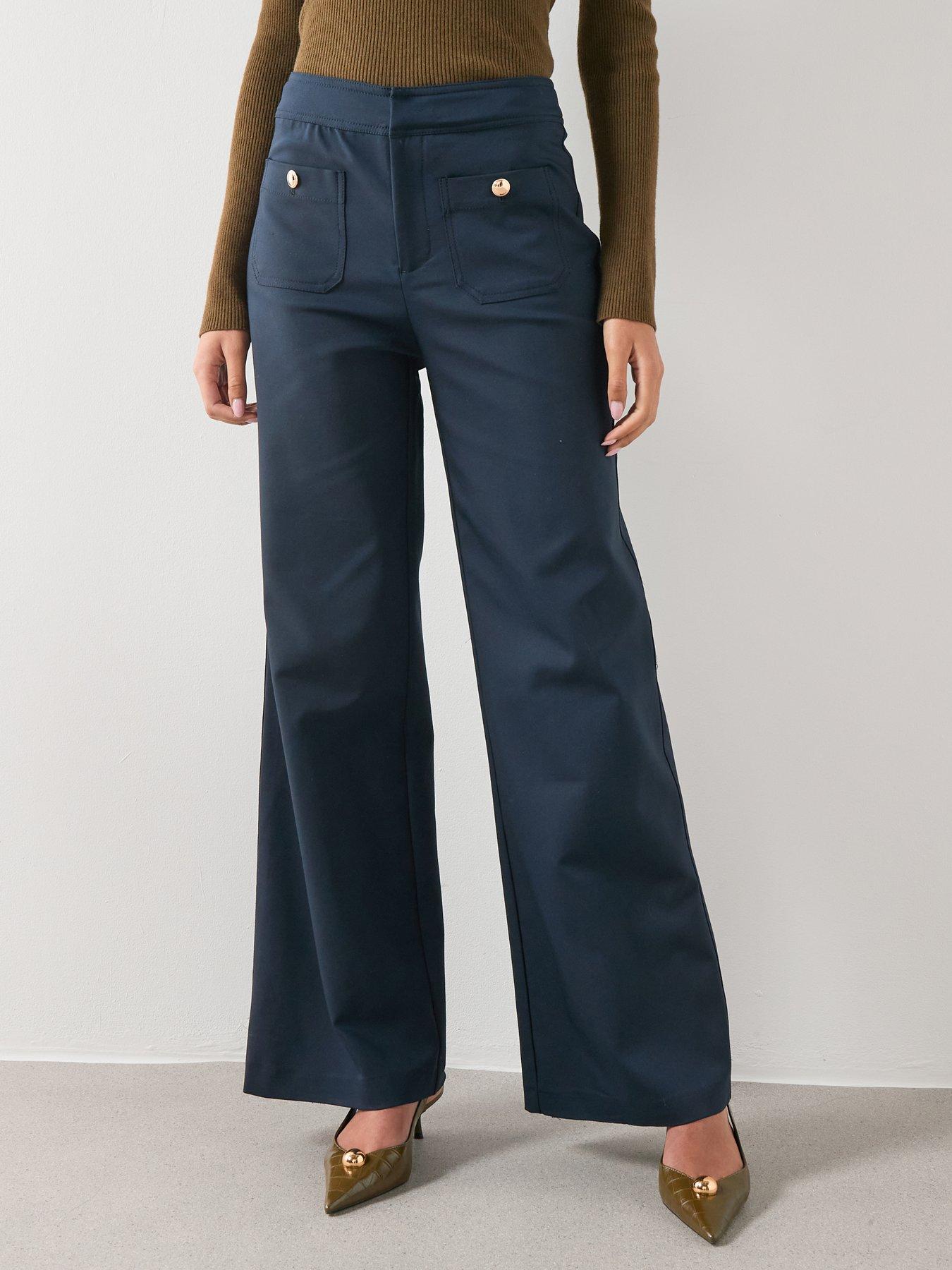 Mango Straight Trousers With Jewel Buttons - Navy